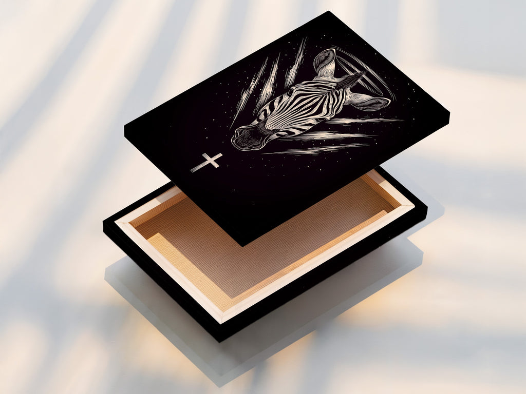 Stretched canvas print of Zebra Celestial artwork. This gothic animal wall art features sacred geometry. The stretched canvas provides a gallery-ready look. Enhance your living room with this celestial print. Ideal for gothic home decor.