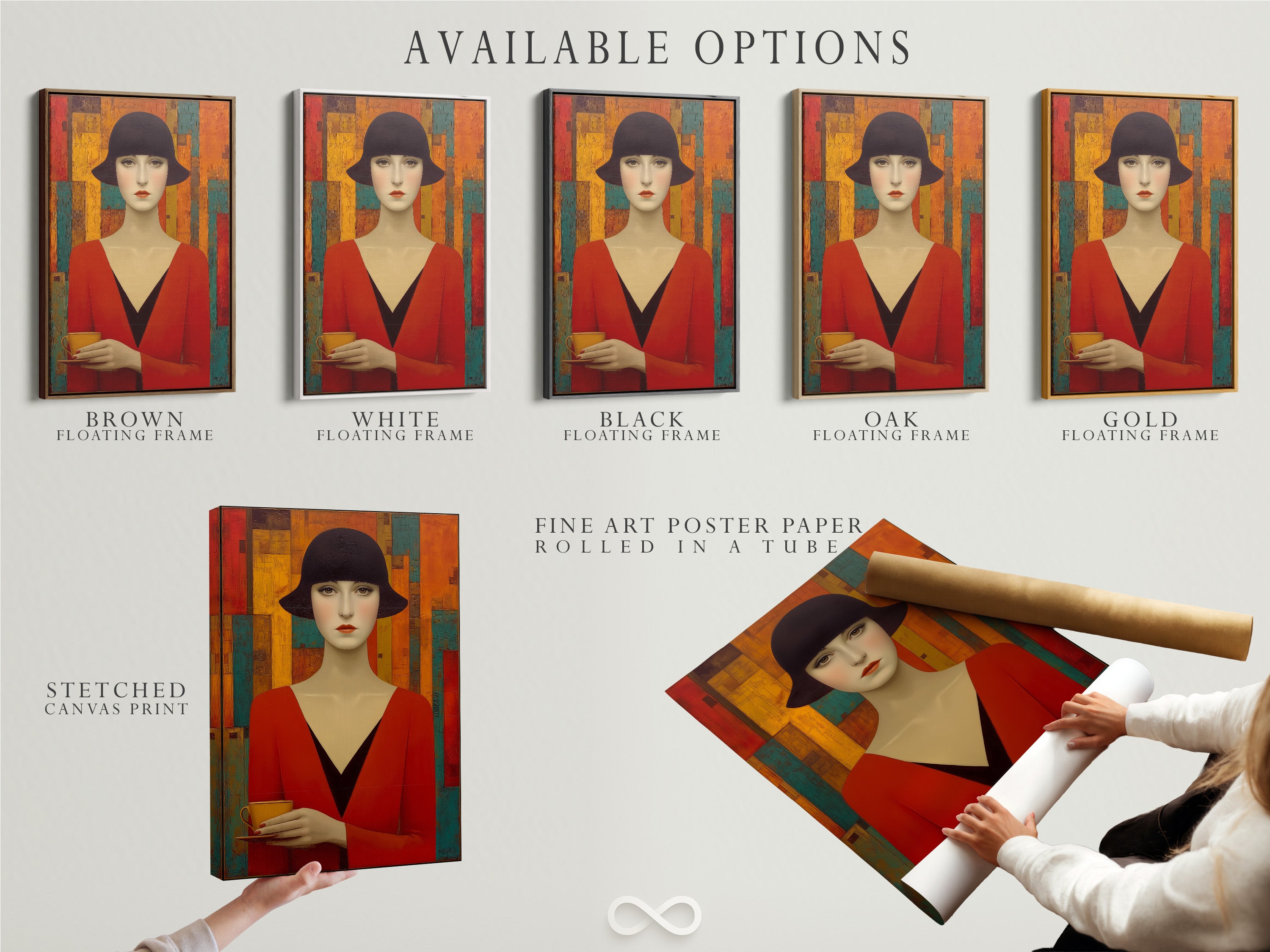 Available options for an art deco woman portrait are shown. Choose from a stretched canvas print a fine art poster paper or a floating frame. This vintage-style artwork offers versatile display options. Customize your retro home decor with these elegant choices.