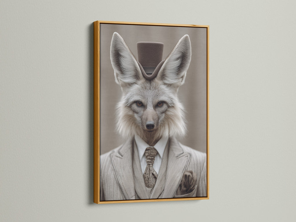 Fox Gentleman Canvas Print with a gold frame. This dapper animal wall artwork adds a touch of Victorian style to any study room. The gold frame enhances the artwork's luxurious appeal. The artwork features a fox in a suit and top hat. It is perfect for adding character to studies libraries or offices.