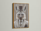 Fox Gentleman Canvas Print with a gold frame. This dapper animal wall artwork adds a touch of Victorian style to any study room. The gold frame enhances the artwork's luxurious appeal. The artwork features a fox in a suit and top hat. It is perfect for adding character to studies libraries or offices.