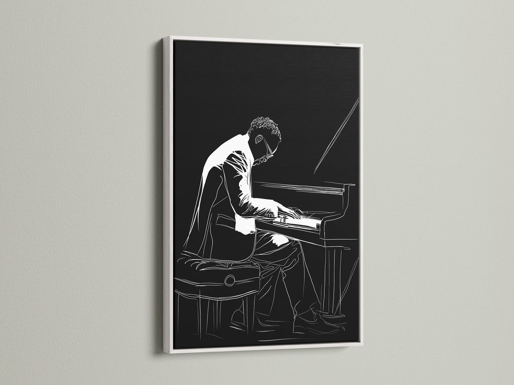 Discover the beauty of this piano player artwork. The jazz musician canvas wall art is showcased in a white frame. Brighten up your interior with black and white music wall decor. Ideal for living rooms or offices.