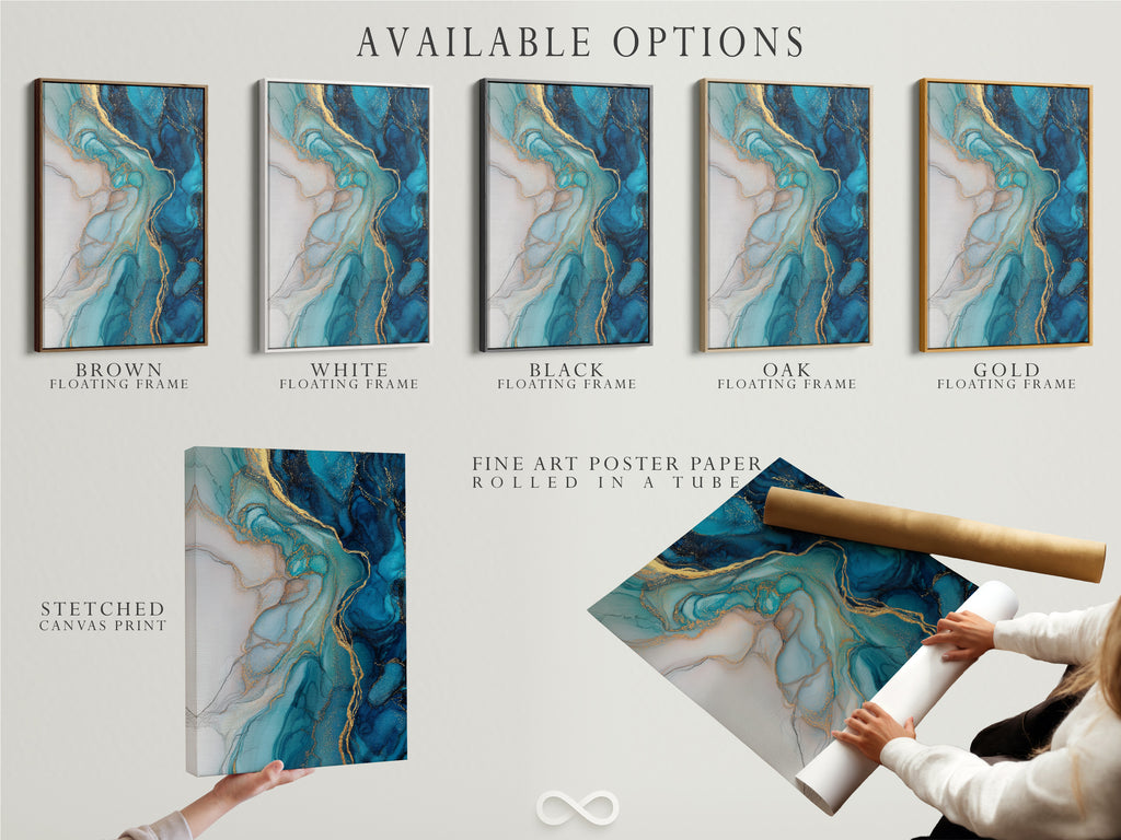 Explore available options for this stunning blue abstract artwork. Choose from stretched canvas prints fine art poster paper or a floating frame. Each option features fluid acrylic textures and gold accents. Find the perfect piece to elevate your modern coastal or eclectic style.