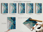 Explore available options for this stunning blue abstract artwork. Choose from stretched canvas prints fine art poster paper or a floating frame. Each option features fluid acrylic textures and gold accents. Find the perfect piece to elevate your modern coastal or eclectic style.