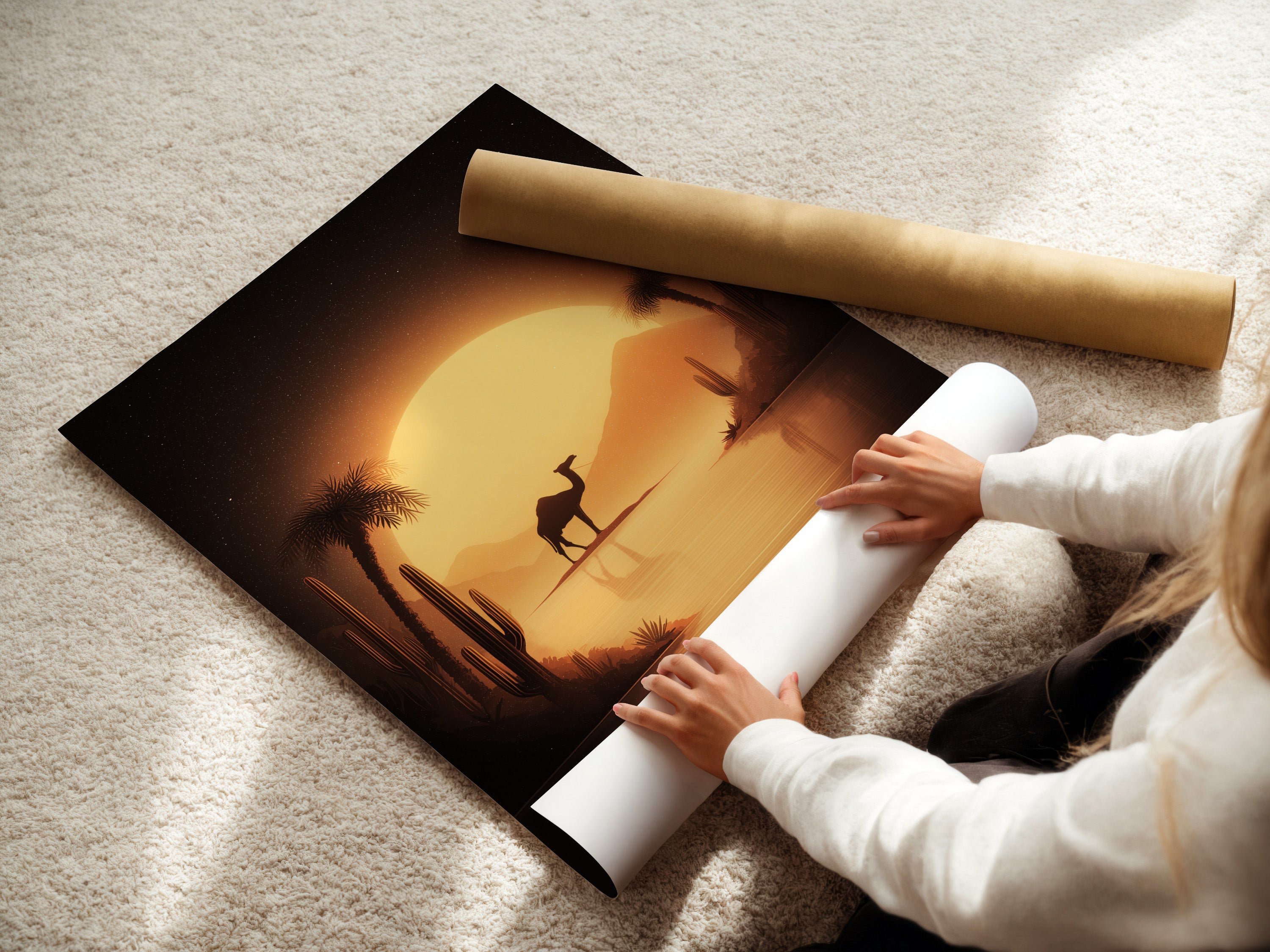 A woman is carefully rolling fine art poster paper. The paper features the desert camel artwork. This sunset oasis wall art is an ideal choice for art enthusiasts.