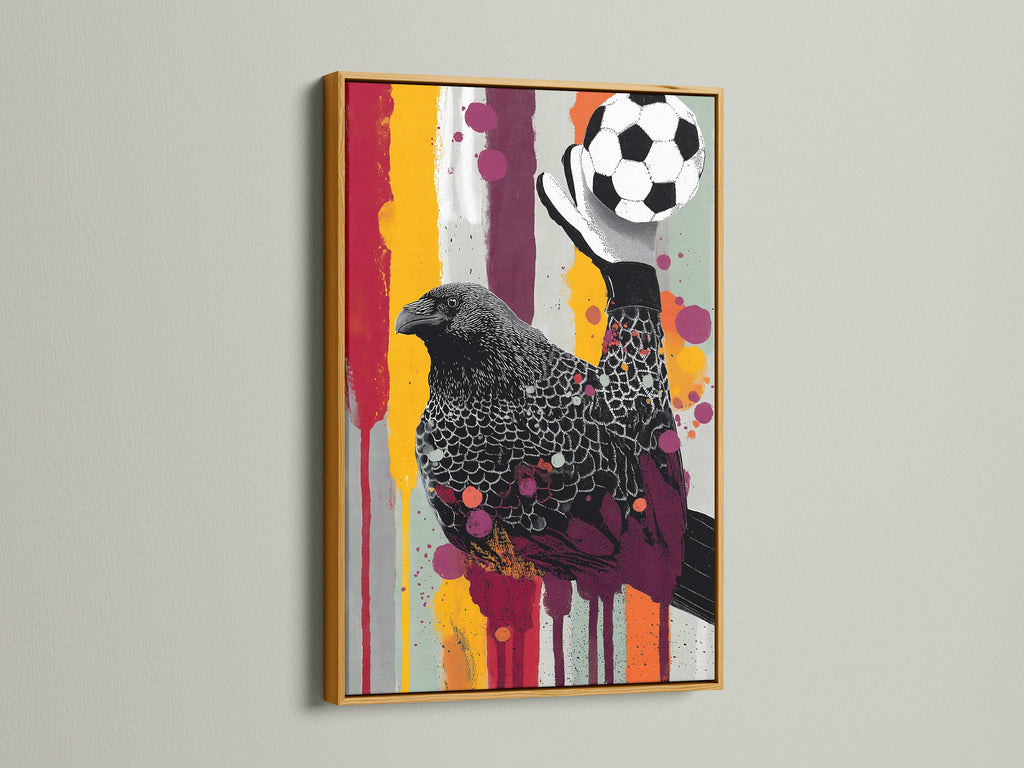 Raven Goalkeeper canvas in a gold frame. This abstract sports artwork is perfect for a kid's room. It is soccer-themed wall decor. This unique raven artwork is ideal for boys. A great bird art print for any soccer lover.