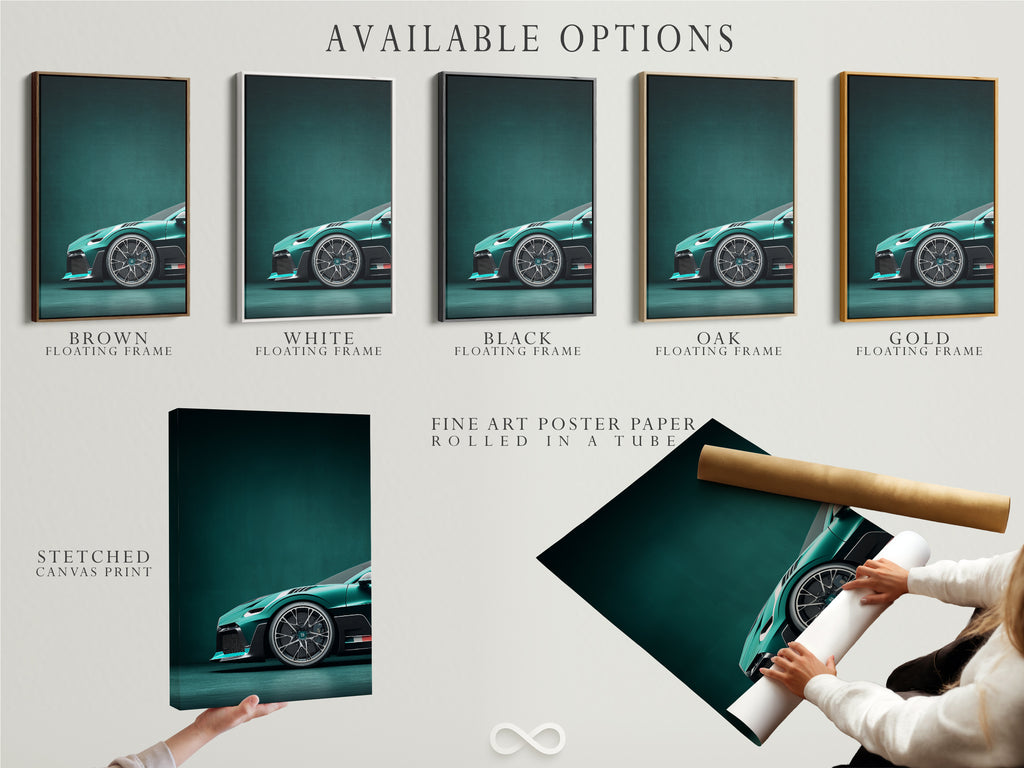 Explore available options. Choose between a stretched canvas print fine art poster paper or floating frame. Each option displays a teal green luxury car. Find the perfect fit.