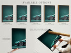 Explore available options. Choose between a stretched canvas print fine art poster paper or floating frame. Each option displays a teal green luxury car. Find the perfect fit.