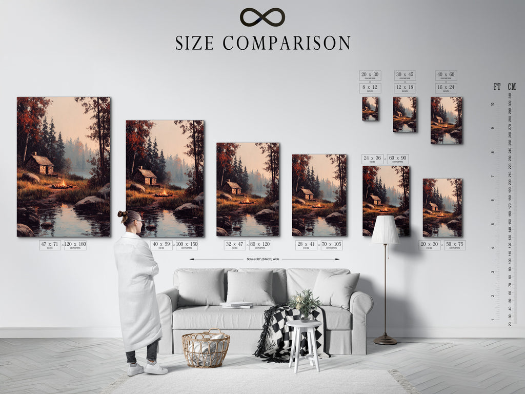 An interior setting showcases a size comparison chart for artwork. Visualize different sizes of art prints and canvases. Determine the perfect dimensions for your space. Ensure your artwork fits seamlessly.