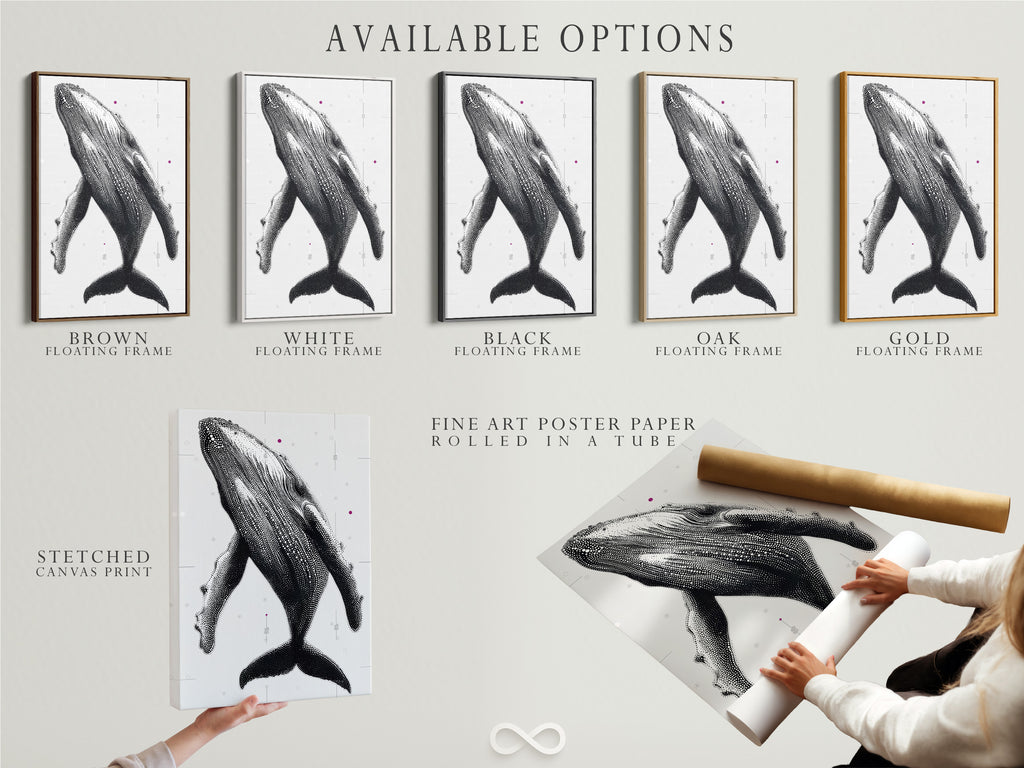 Available options for the Humpback Whale art print. Choose from stretched canvas print fine art poster paper or floating frame. Customize your artwork to match your style. Perfect for coastal and nautical themes. Get your whale artwork now