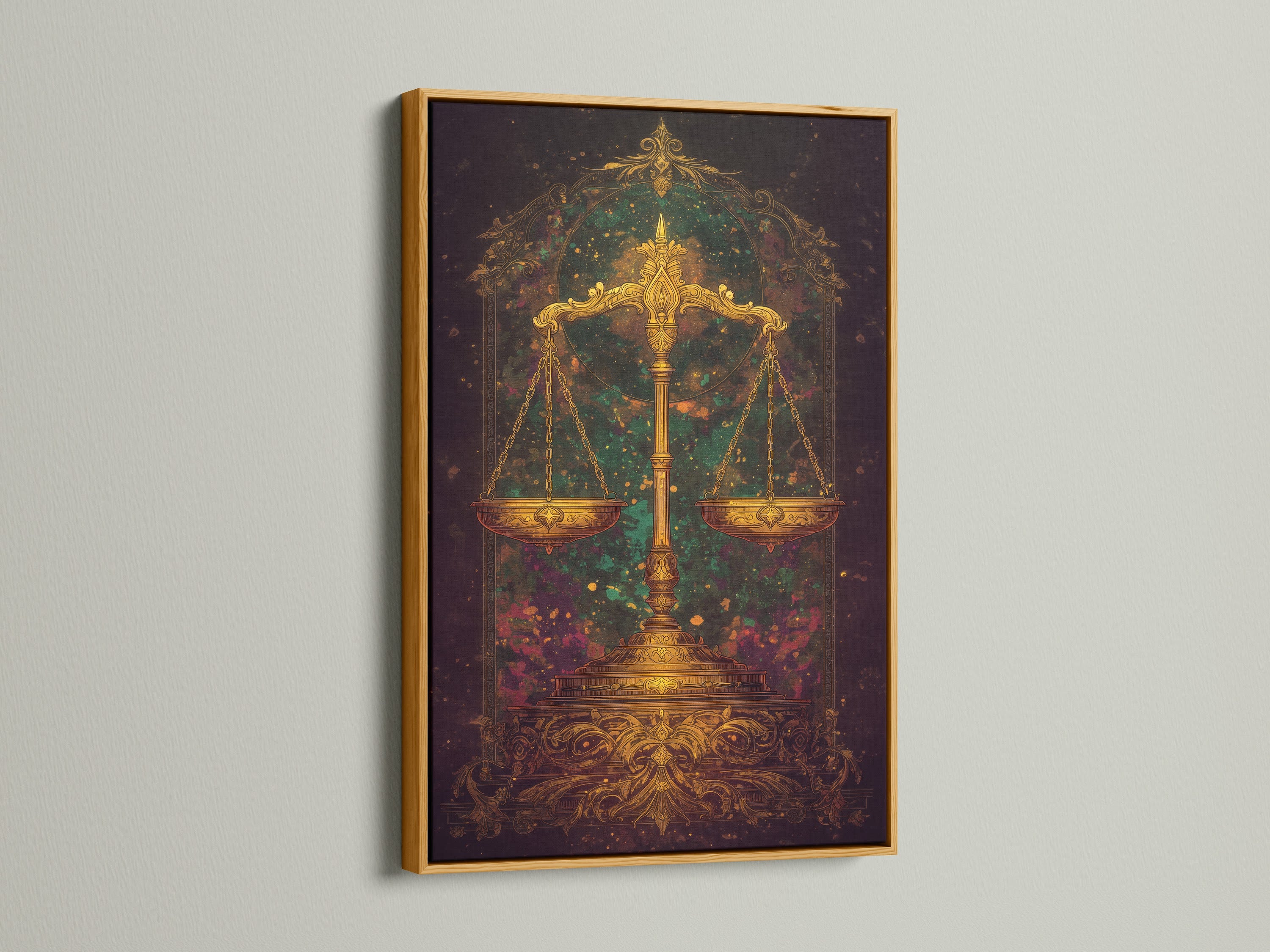 The golden frame accentuates the Justice Scales artwork. This piece is ideal for astrology aficionados and law students. The ornate legal decor makes a statement. Add celestial art to your clinic or boardroom.
