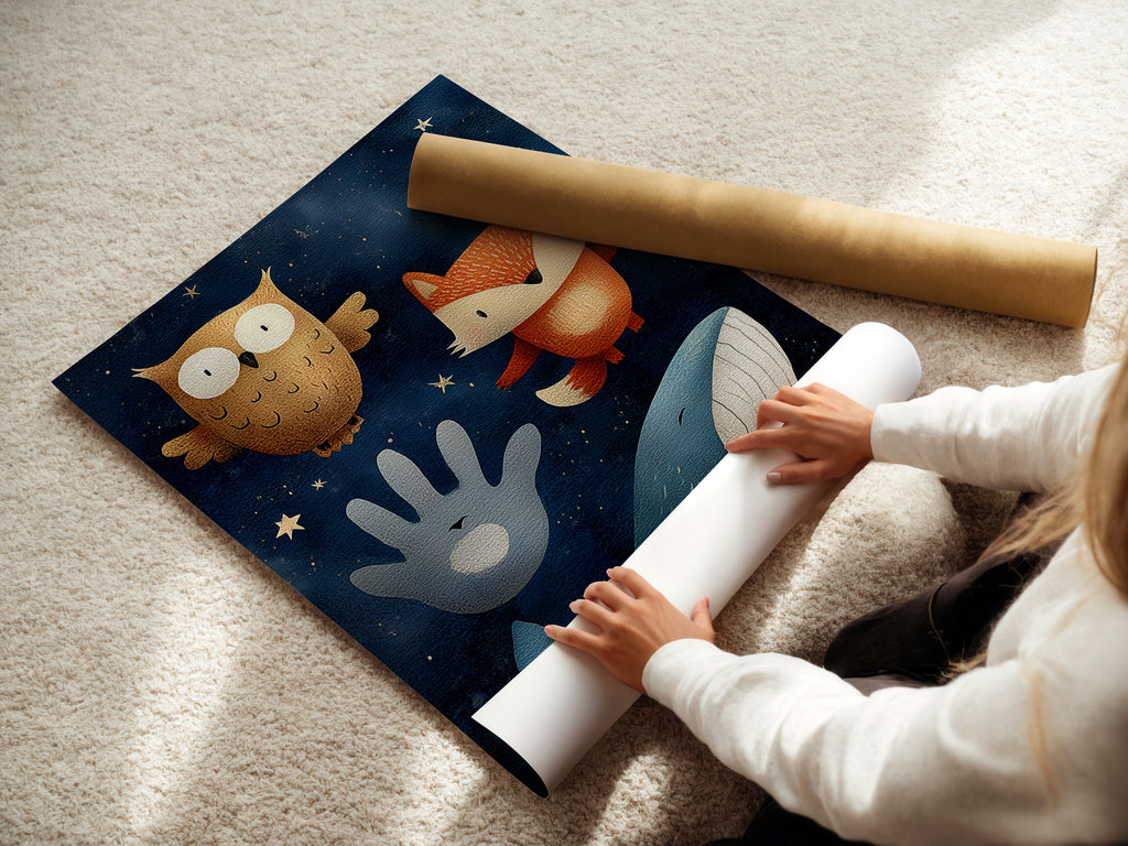 A woman is carefully rolling a fine art poster paper. The paper is high-quality and ready for printing. We use archival paper for our fine art prints. Get your artwork printed on premium poster paper.