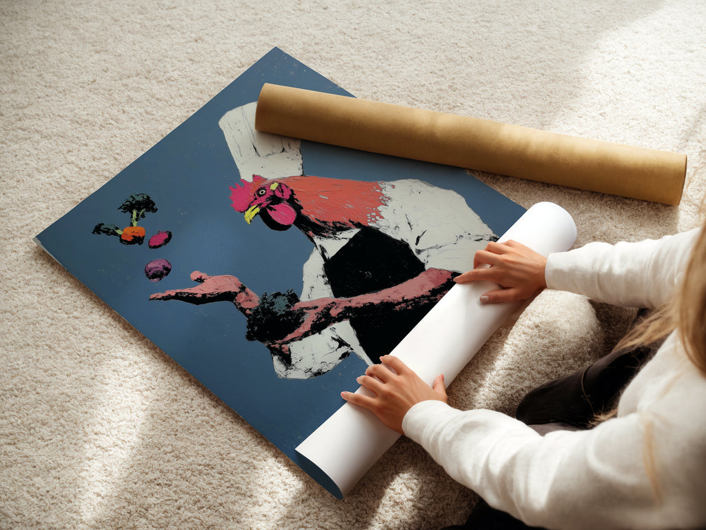A woman is carefully rolling a fine art poster paper featuring the Rooster Chef artwork. This high-quality poster paper ensures vibrant colors and sharp details. Ideal for those who appreciate fine art prints. Perfect for adding a touch of whimsy to any space. Learn about our fine art poster options.