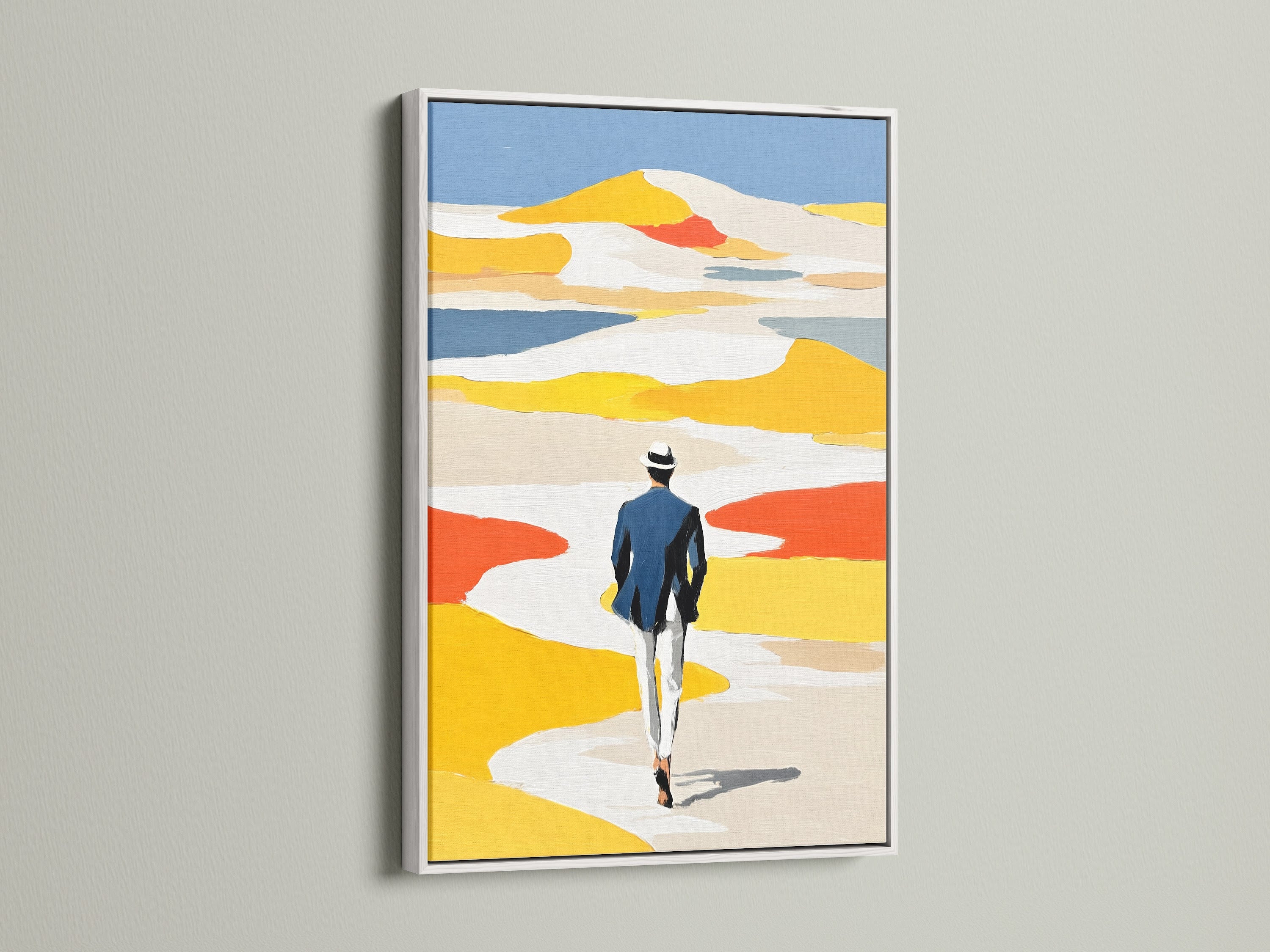 Abstract figure art print in a white frame. The artwork brings a clean and contemporary feel to your space. The white frame emphasizes the colorful artwork making it a focal point. A beautiful minimalist print for any room decor.