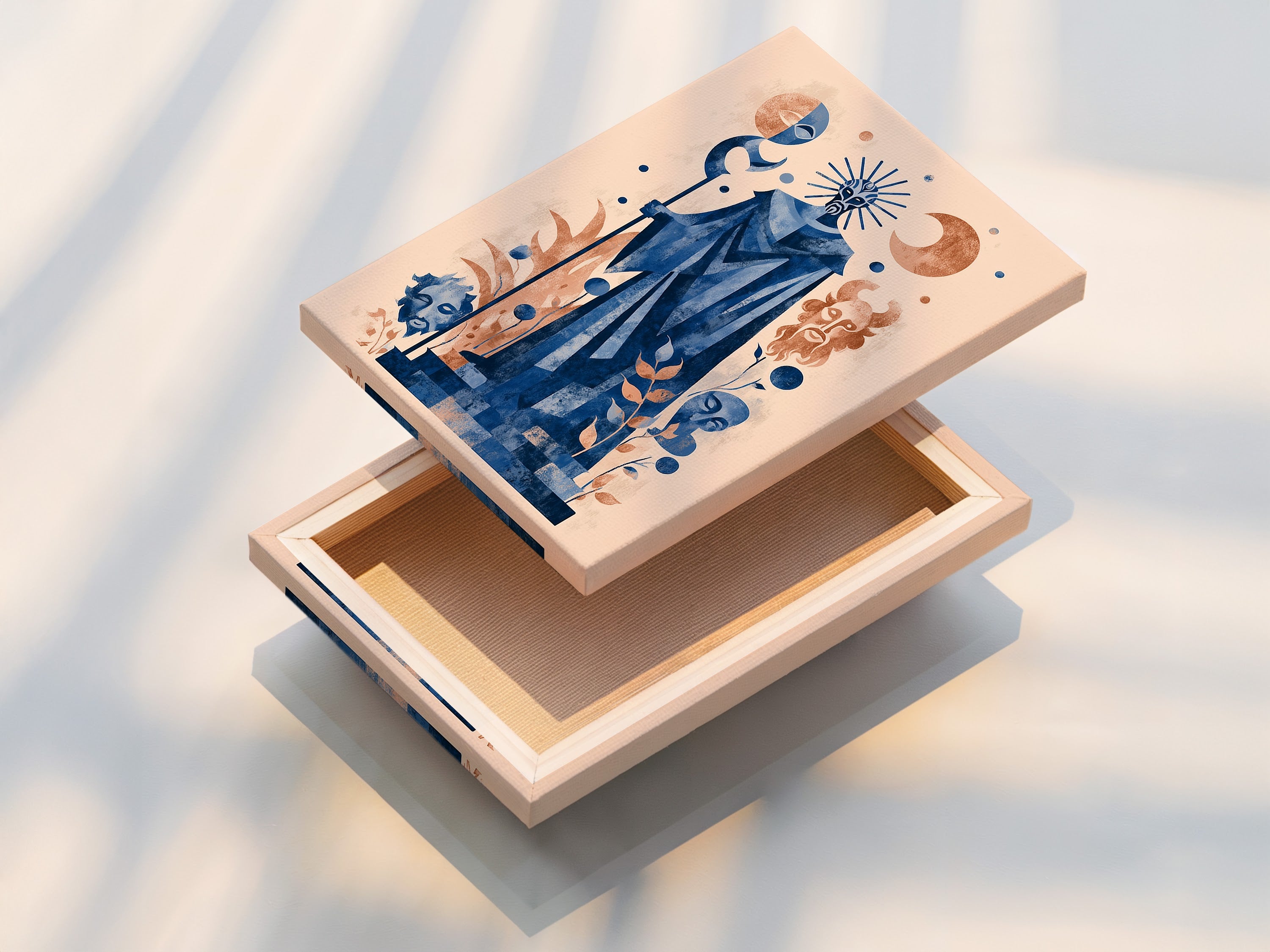 A stretched canvas print displaying mystical tarot art. The celestial blue sage artwork is vibrant. This bohemian spiritual canvas enhances any meditation room. Ideal for minimalist boho or eclectic styles.