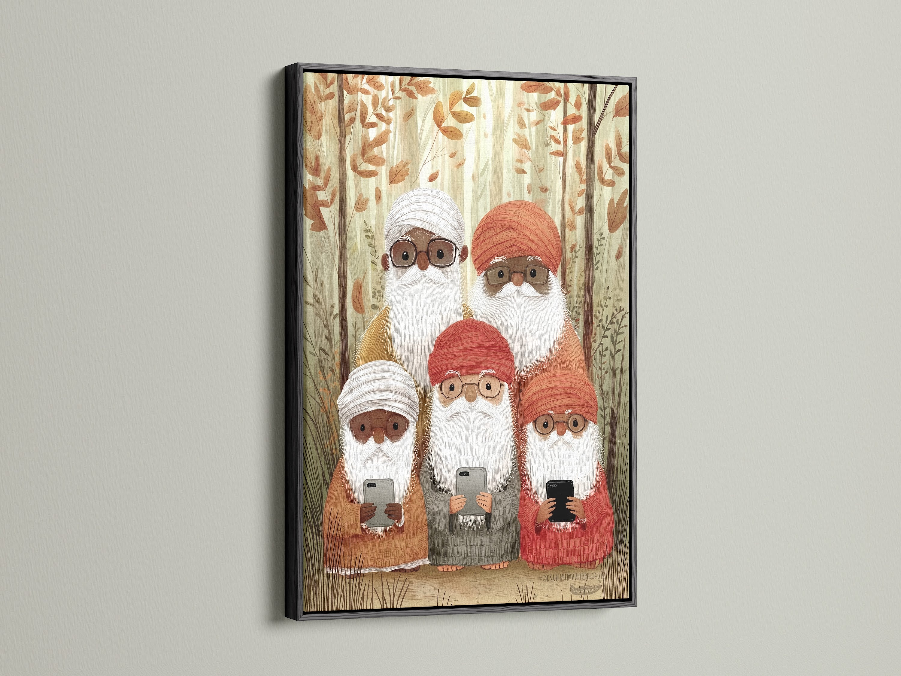 Gnome family art in a sleek black frame is displayed. The artwork shows gnomes in an autumn forest setting. The black frame enhances the artwork's vibrant colors. This creates a striking contrast for modern decor.