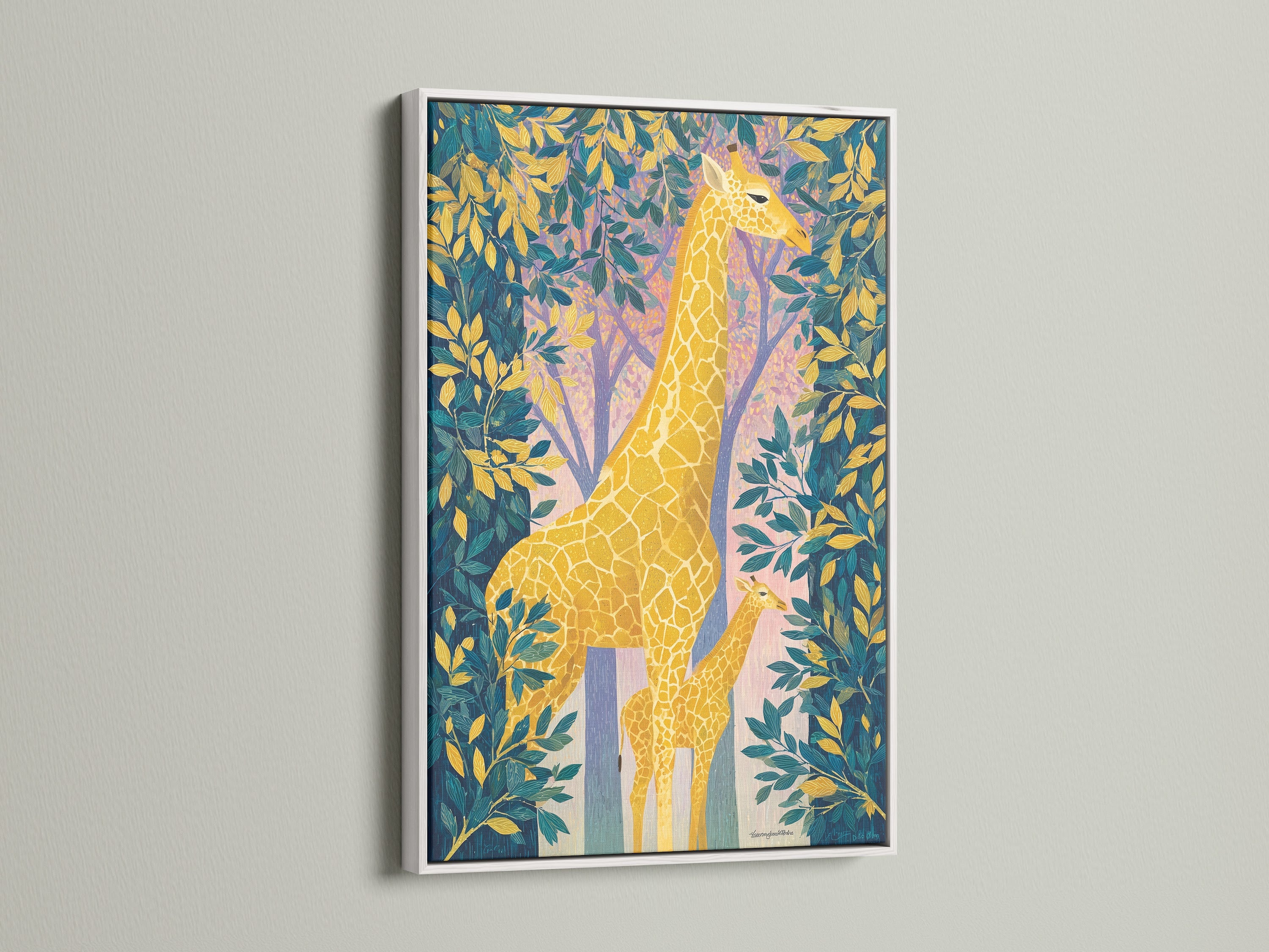 A delightful giraffe artwork is presented in a white frame. This tropical animal art is perfect for a nursery or kids room. The colorful giraffe and botanical details add a cheerful touch. Ideal for safari canvas art and jungle nursery decor. This animal wall decor brings a vibrant feel.