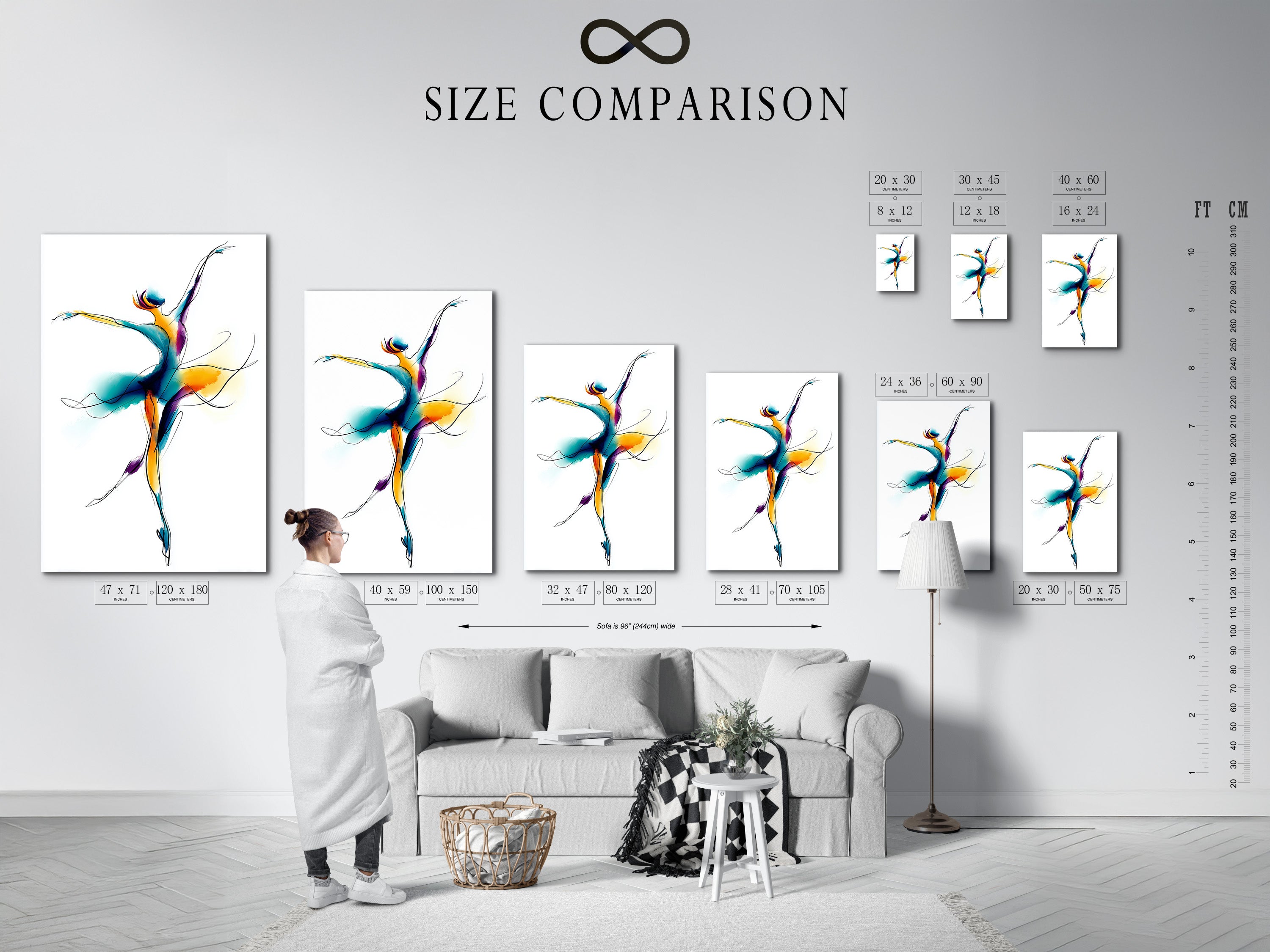 Size comparison chart in an interior setting. Get a sense of scale for the artwork in this interior.  This wall art features a watercolor dance illustration. Perfect contemporary movement artwork for a dance studio. The primary color is blue. The secondary color is gold.