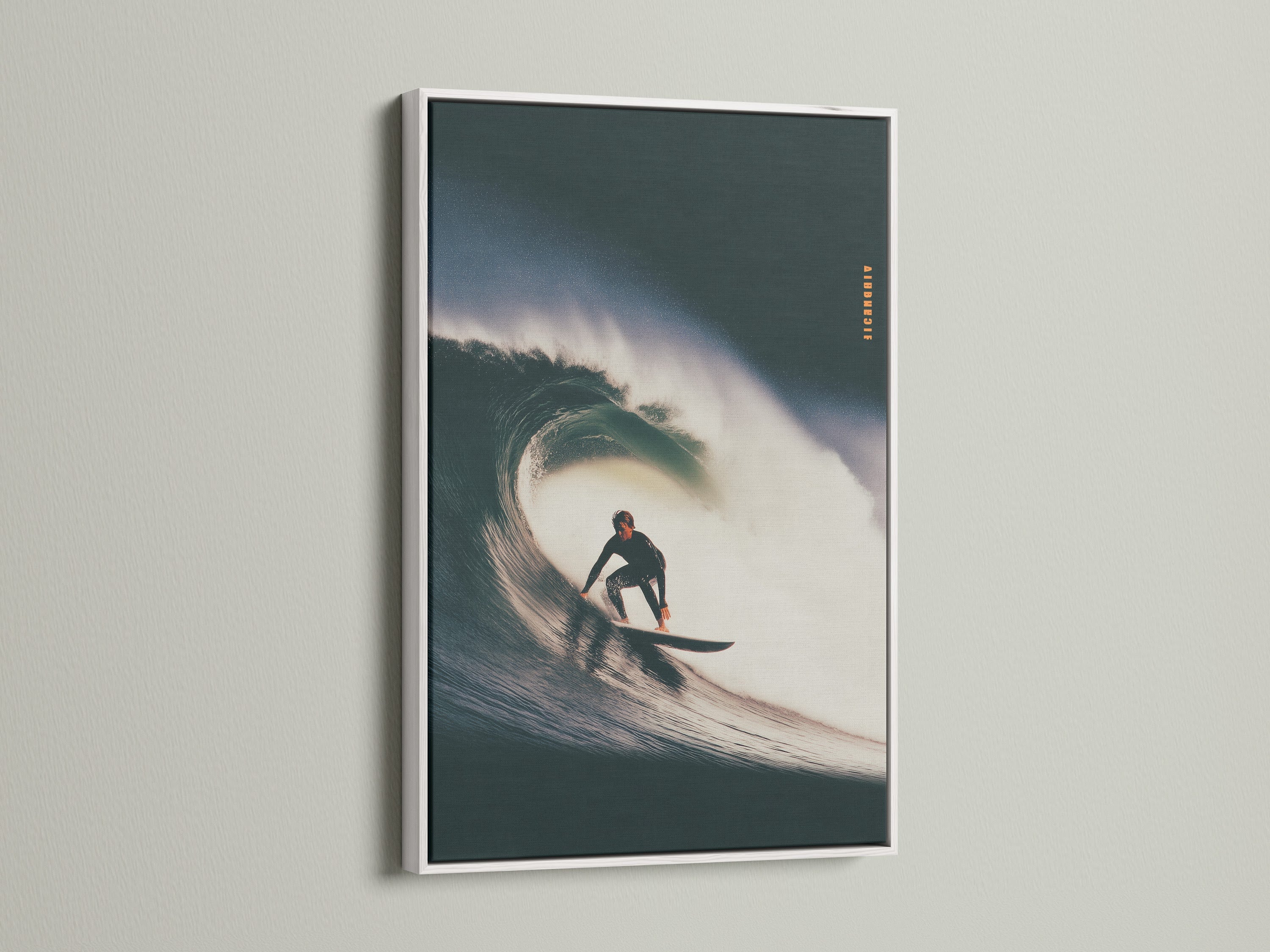 A white frame displays surf artwork. The art is mounted on a white wall. The white frame offers a clean look. It enhances the artwork's colors. Create a gallery-worthy display. This frame complements any interior.