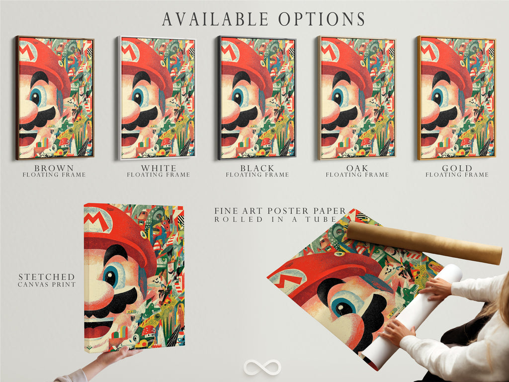 Explore available options for your Mario collage art print. Choose from a stretched canvas print fine art poster paper or a floating frame. Customize your retro gaming wall art to fit your unique style. Perfect for any game room decor.