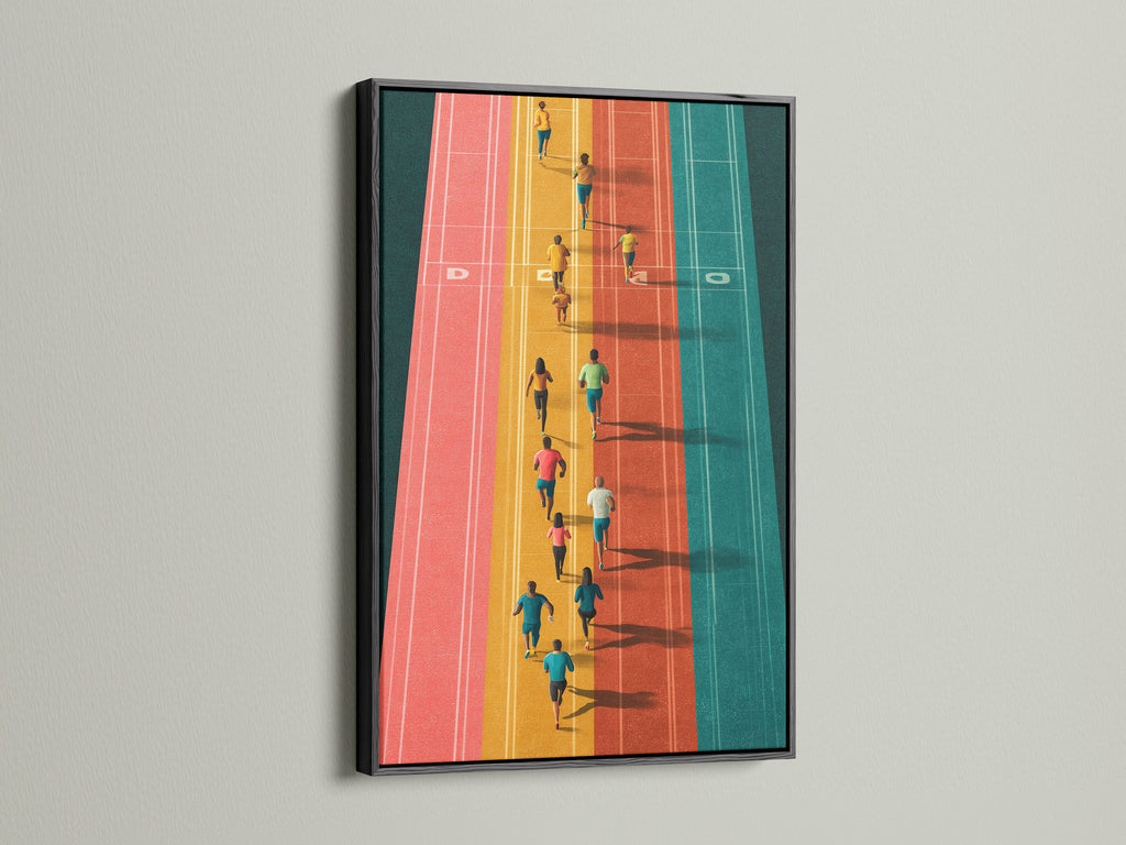 Running track artwork framed in black. A sleek and modern piece for any wall. This sports wall art showcases athletes from an aerial view. Great for home gym decor and office motivation. A striking print.