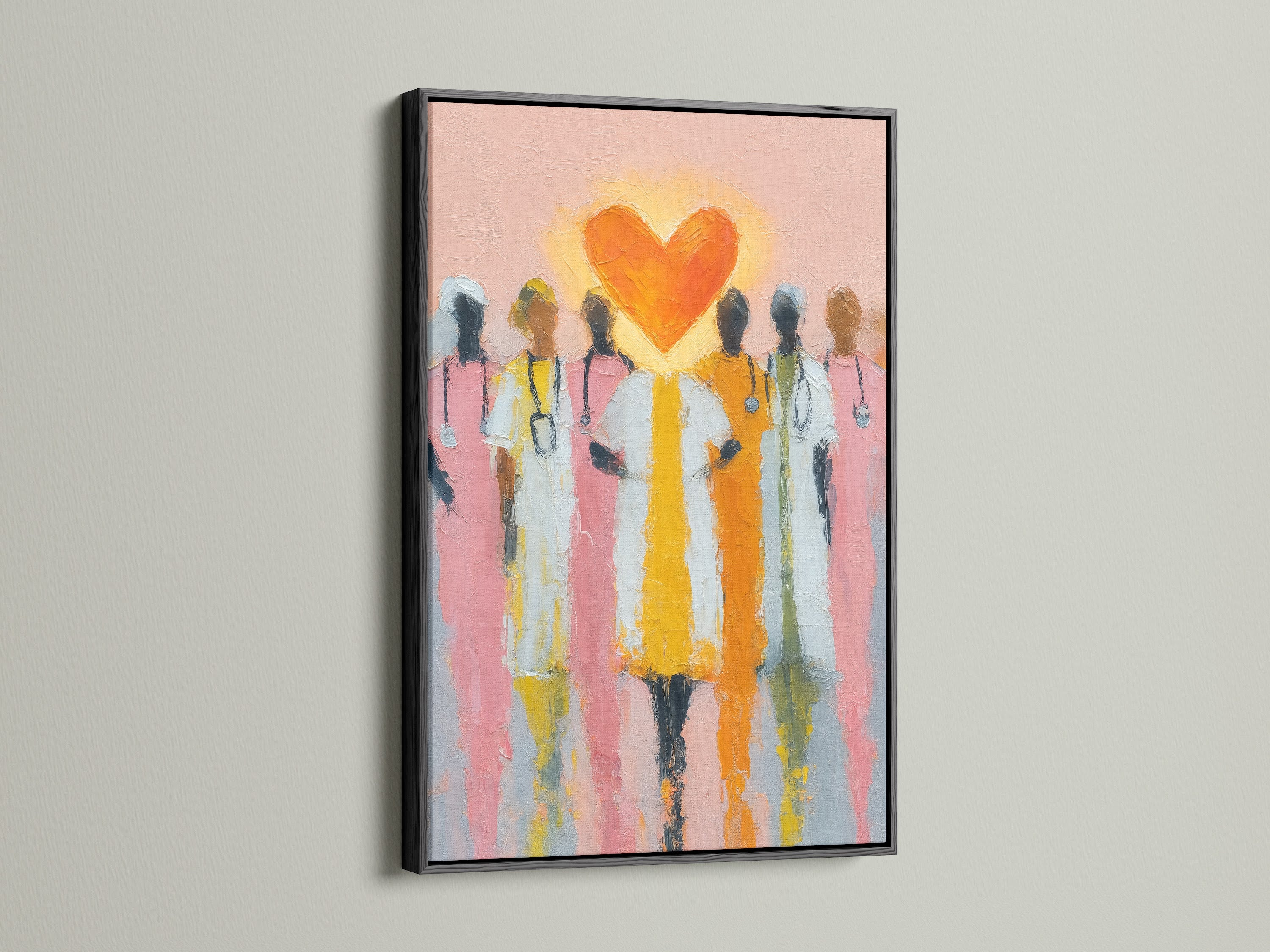 Medical Heroes canvas print in a sleek black frame. This art is ideal for healthcare settings. The black frame adds a touch of sophistication to this piece. This nurse artwork enhances the aesthetic of medical offices. It serves as an inspirational piece for healthcare heroes.