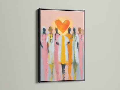 Medical Heroes canvas print in a sleek black frame. This art is ideal for healthcare settings. The black frame adds a touch of sophistication to this piece. This nurse artwork enhances the aesthetic of medical offices. It serves as an inspirational piece for healthcare heroes.
