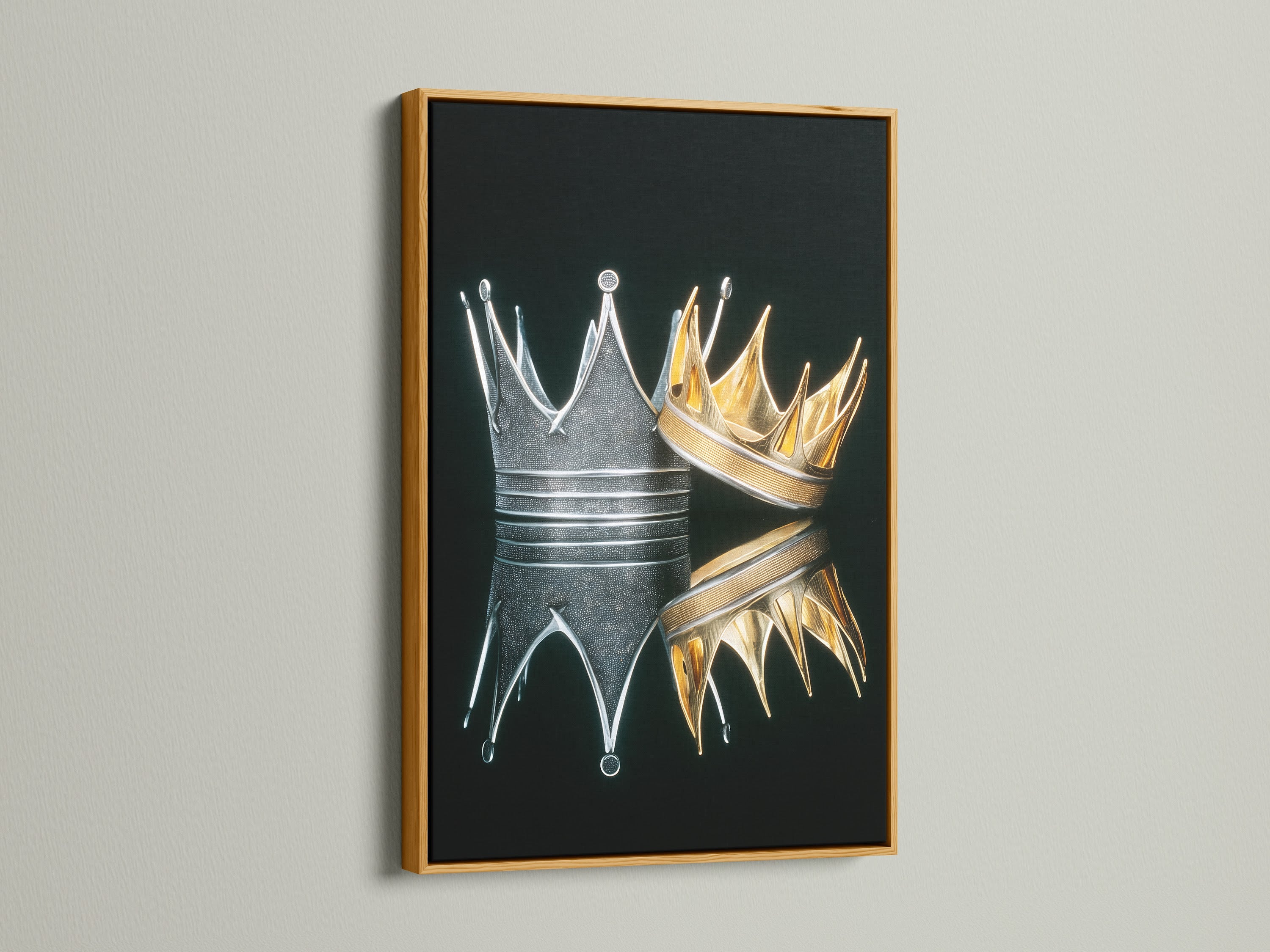 Crowns Canvas Print is presented in a gold frame. The gold and silver royal crowns artwork exudes luxury. This piece enhances regal and luxe style interiors. Perfect for those seeking elegant prints. Add metallic art to your collection.
