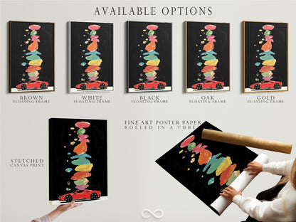 Available options for a sports car artwork are displayed including a stretched canvas print fine art poster paper and a floating frame. The artwork features a red sports car with colorful abstract elements. Choose the perfect format to enhance your garage office or home decor with this modern art.