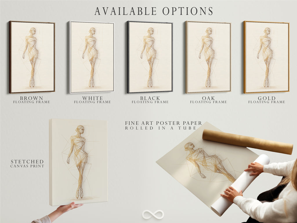 Available options are displayed including a stretched canvas print fine art poster paper and a floating frame. Choose the perfect format for your Ballet Dancer Art Print. This figure drawing wall art suits any decor style from minimalist to art deco.