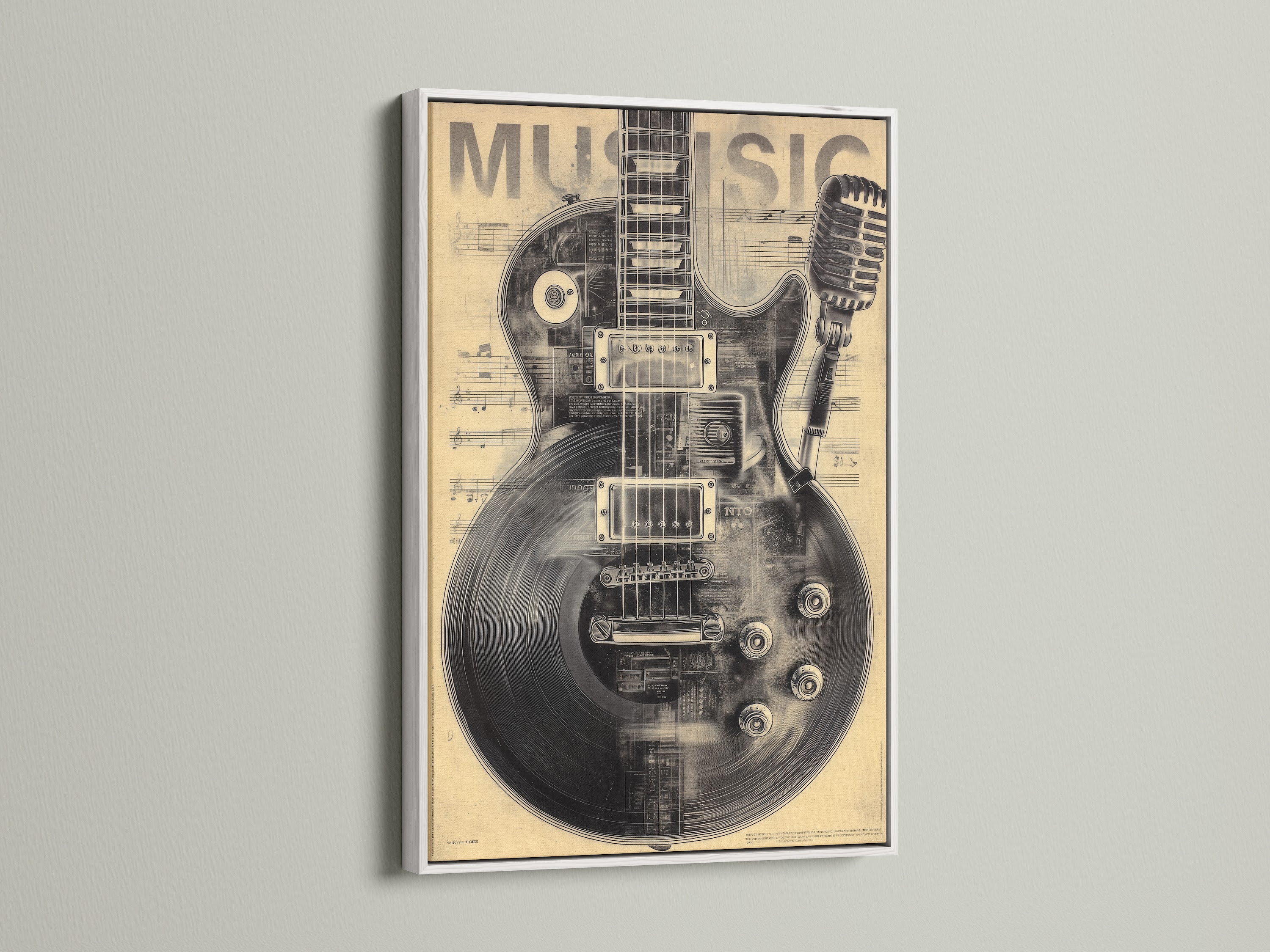 A sepia-toned vintage guitar music artwork is presented in a white frame. The print features a guitar and microphone design. It is perfect for adding a musical touch to any room. Ideal for music lovers and musicians.
