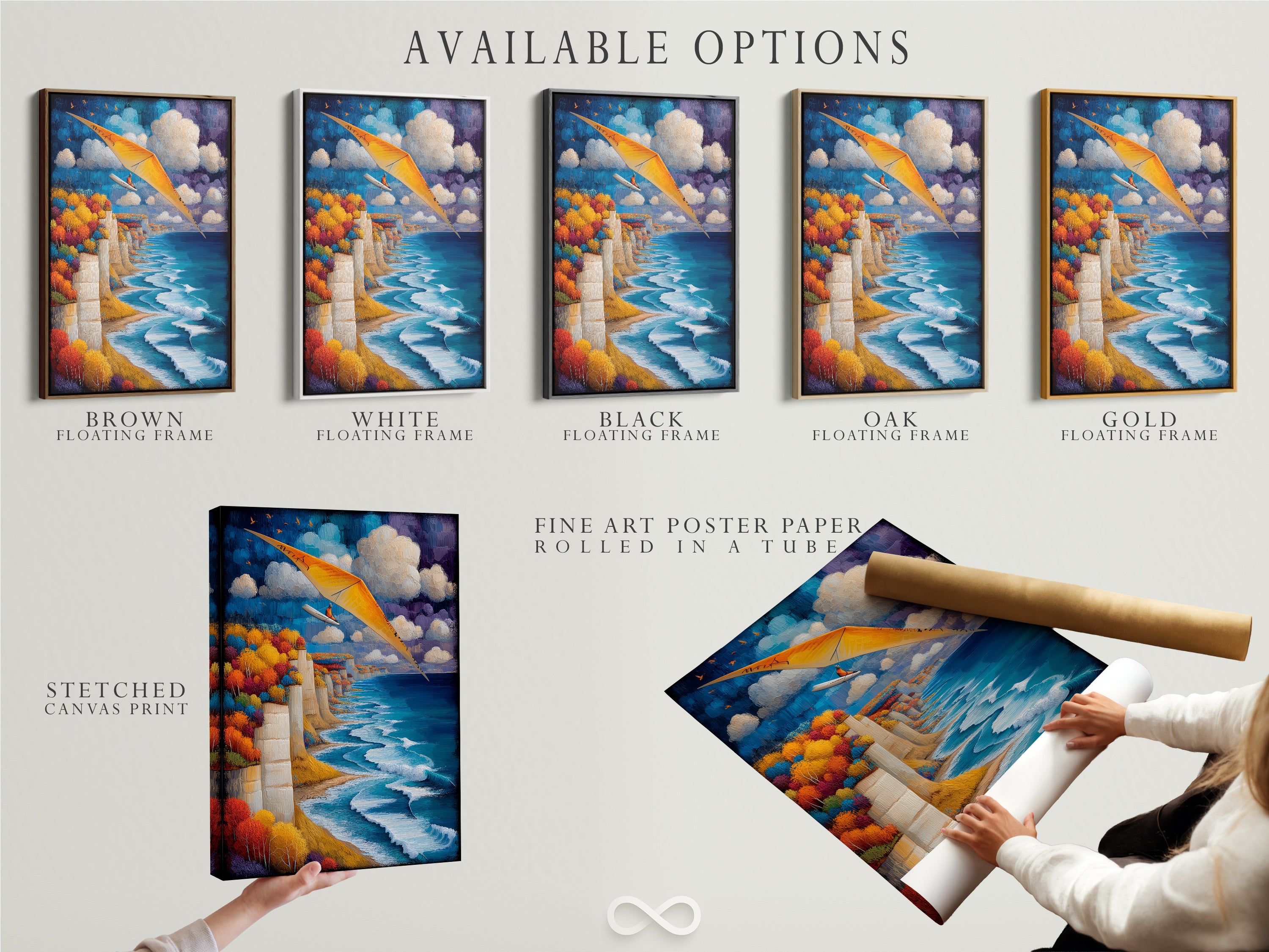 Available options for hang gliding artwork. Choose from stretched canvas prints and fine art poster paper. Also available in floating frames. Coastal cliff wall art for any space. The art shows a seascape with a blue ocean. Perfect aviation artwork for your office. Get yours today