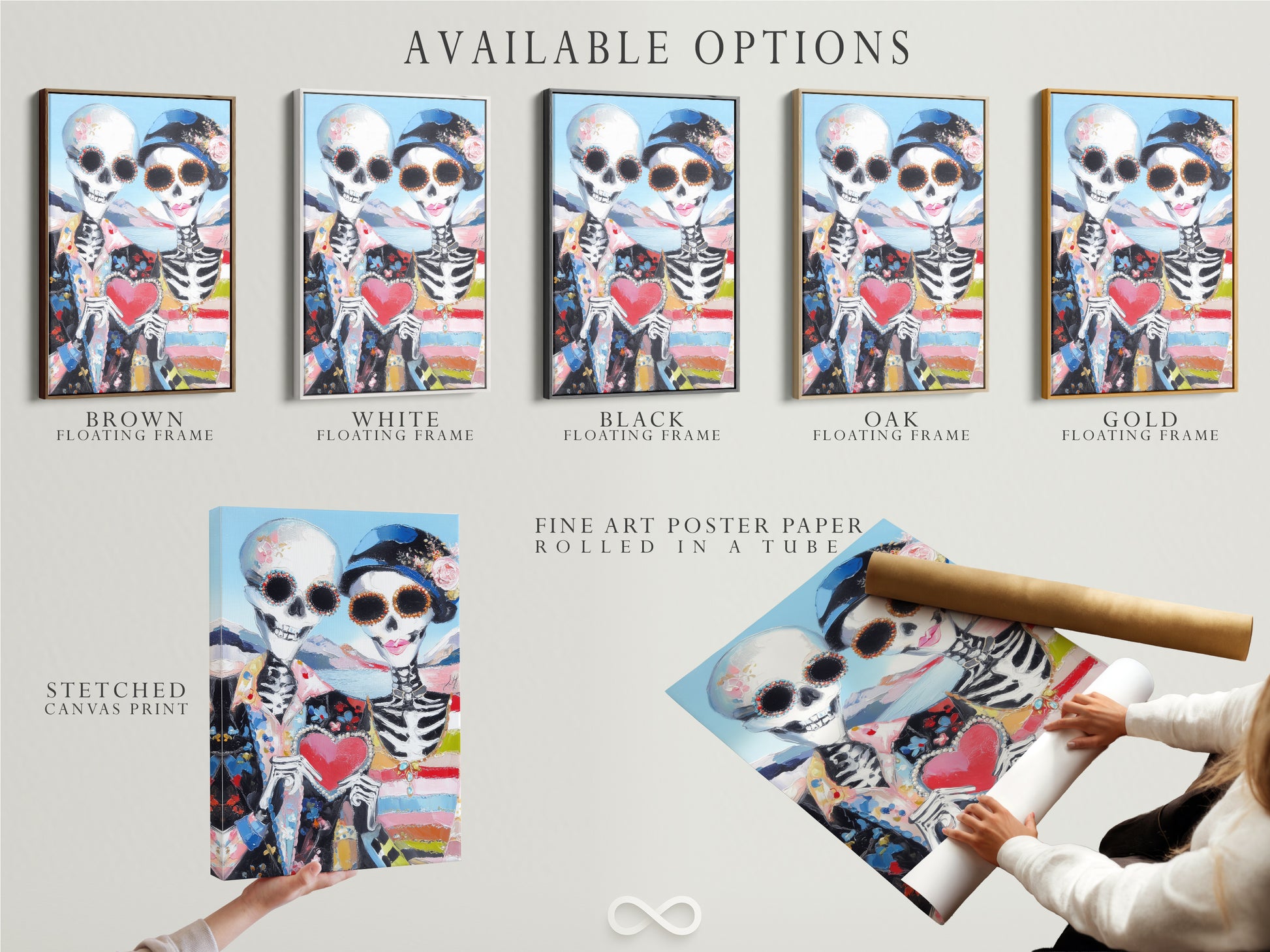 Available options for the Dia de los Muertos art. Choose from a stretched canvas print fine art poster or floating frame. Customize your sugar skull couple art to match your decor. Perfect gothic folk art decor.