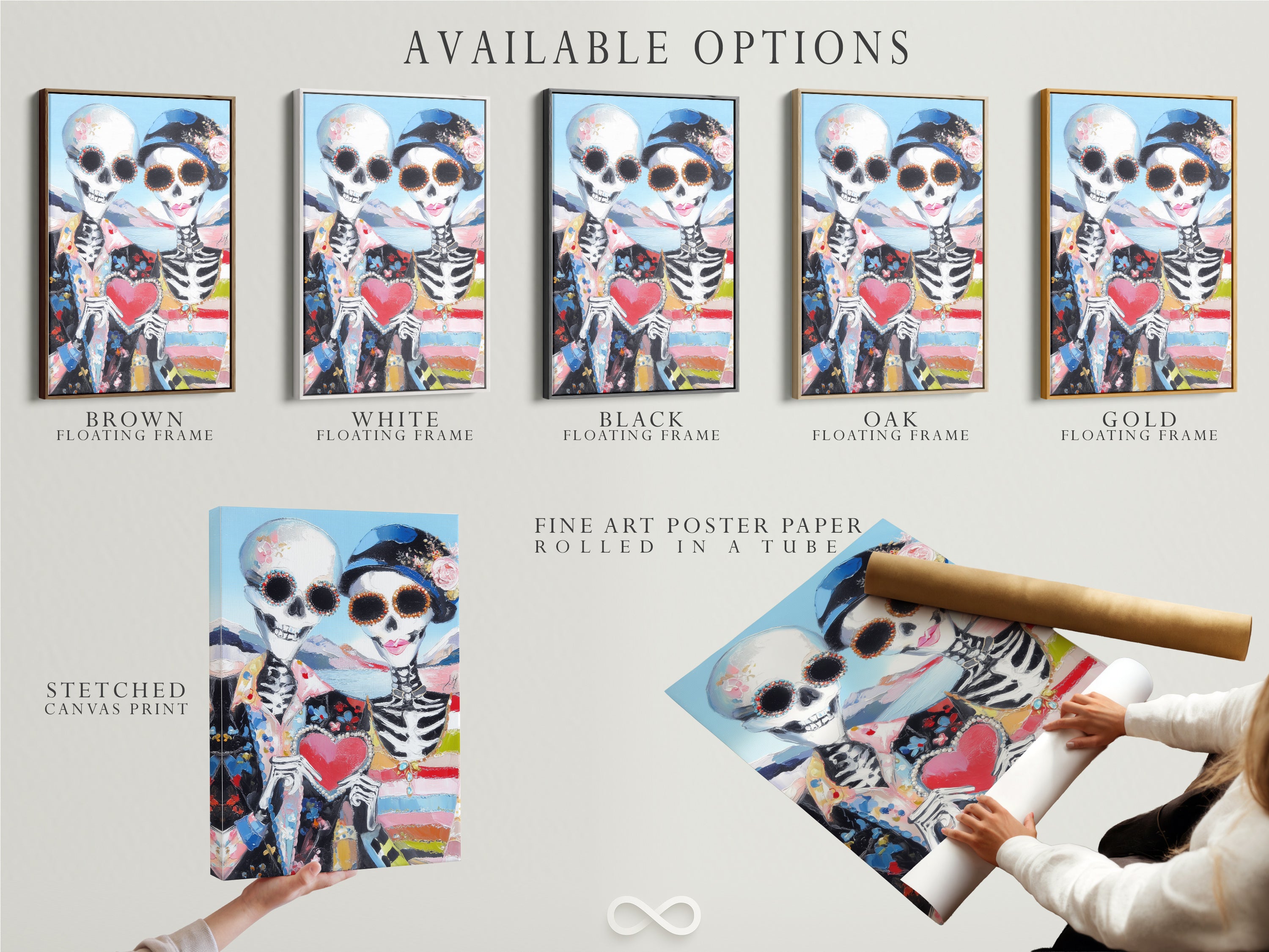 Available options for the Dia de los Muertos art. Choose from a stretched canvas print fine art poster or floating frame. Customize your sugar skull couple art to match your decor. Perfect gothic folk art decor.