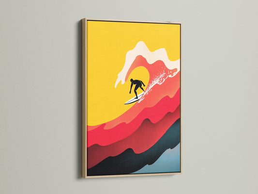 View a Surfing Canvas Print in an oak frame. The oak frame enhances the retro wave artwork. The vintage surf poster adds a touch of beach house charm. This coastal artwork brings the ocean vibe indoors.