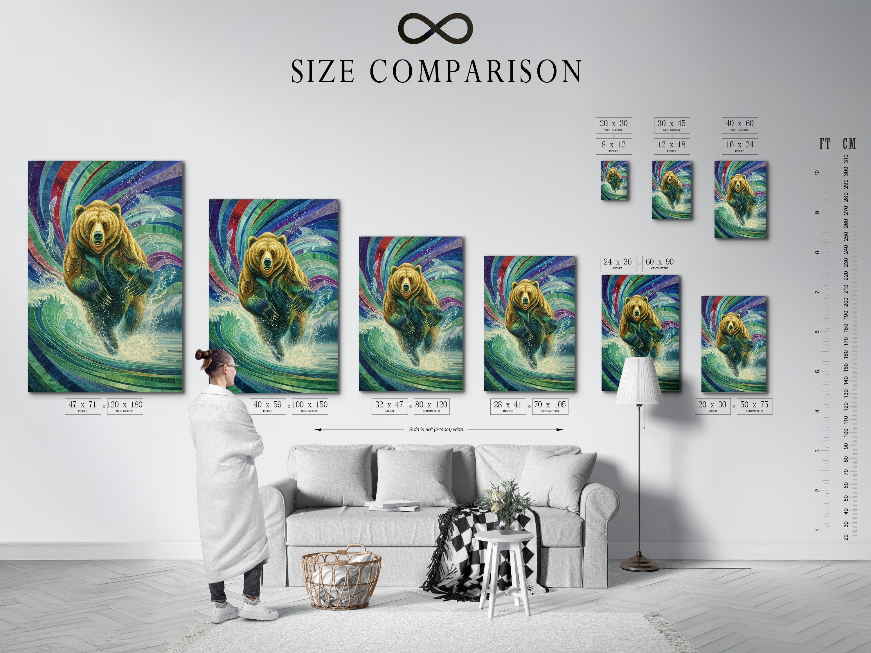 Size comparison chart in interior showcasing Mystical Grizzly Bear artwork. See how this wildlife art print fits in various spaces. The artwork depicts a bear emerging from water with colorful details. Visualize the perfect size for your bear wall art today.