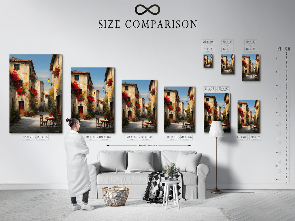Size comparison chart in an interior setting. The chart shows various sizes of artwork. Helping you visualize the perfect fit for your space. Artwork options include canvas prints and framed posters. Find the ideal size to enhance your home decor. Visualize your art.