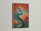 A Japanese style Autumn Tree Canvas Print with fall foliage is showcased. The art features teal and orange colors. This nature artwork is in an oak frame. Perfect for living room bedroom or office wall decor. It brings a zen-like atmosphere.