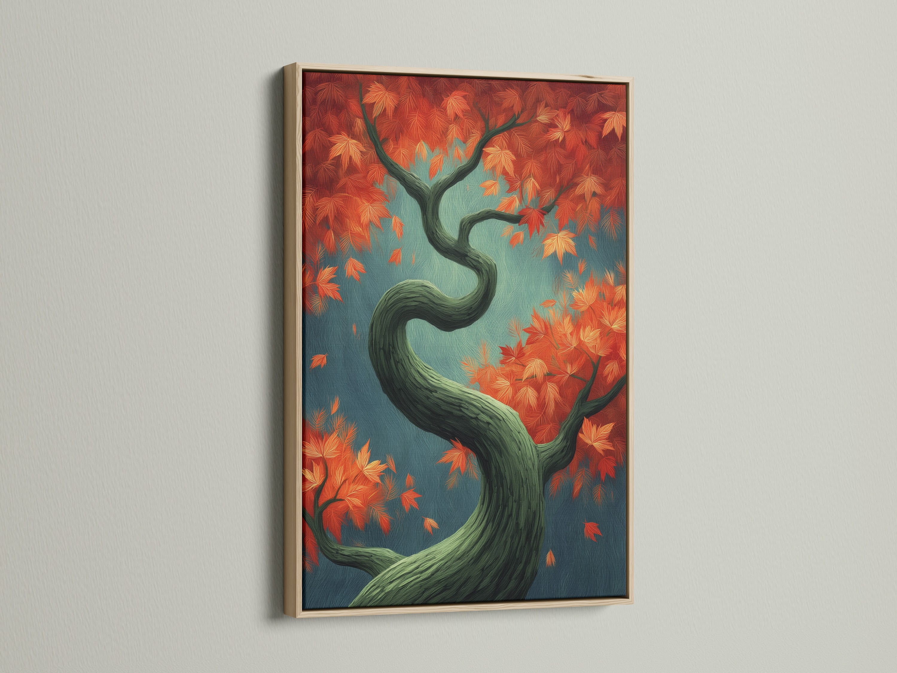 A Japanese style Autumn Tree Canvas Print with fall foliage is showcased. The art features teal and orange colors. This nature artwork is in an oak frame. Perfect for living room bedroom or office wall decor. It brings a zen-like atmosphere.