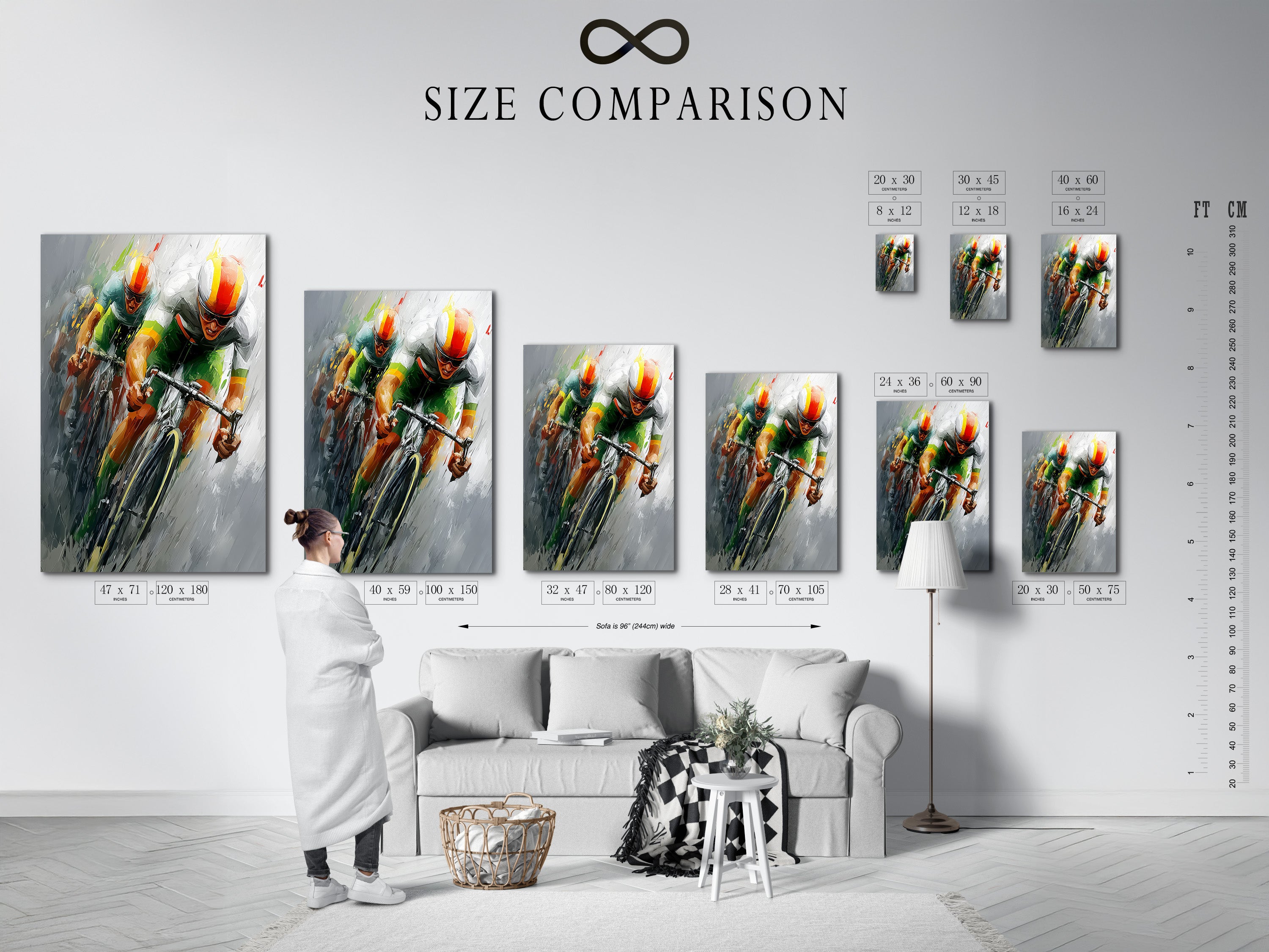 A size comparison chart is displayed in an interior setting. It helps visualize art dimensions. It assists in choosing the perfect size. It ensures a perfect fit for your space. Plan your gallery wall.