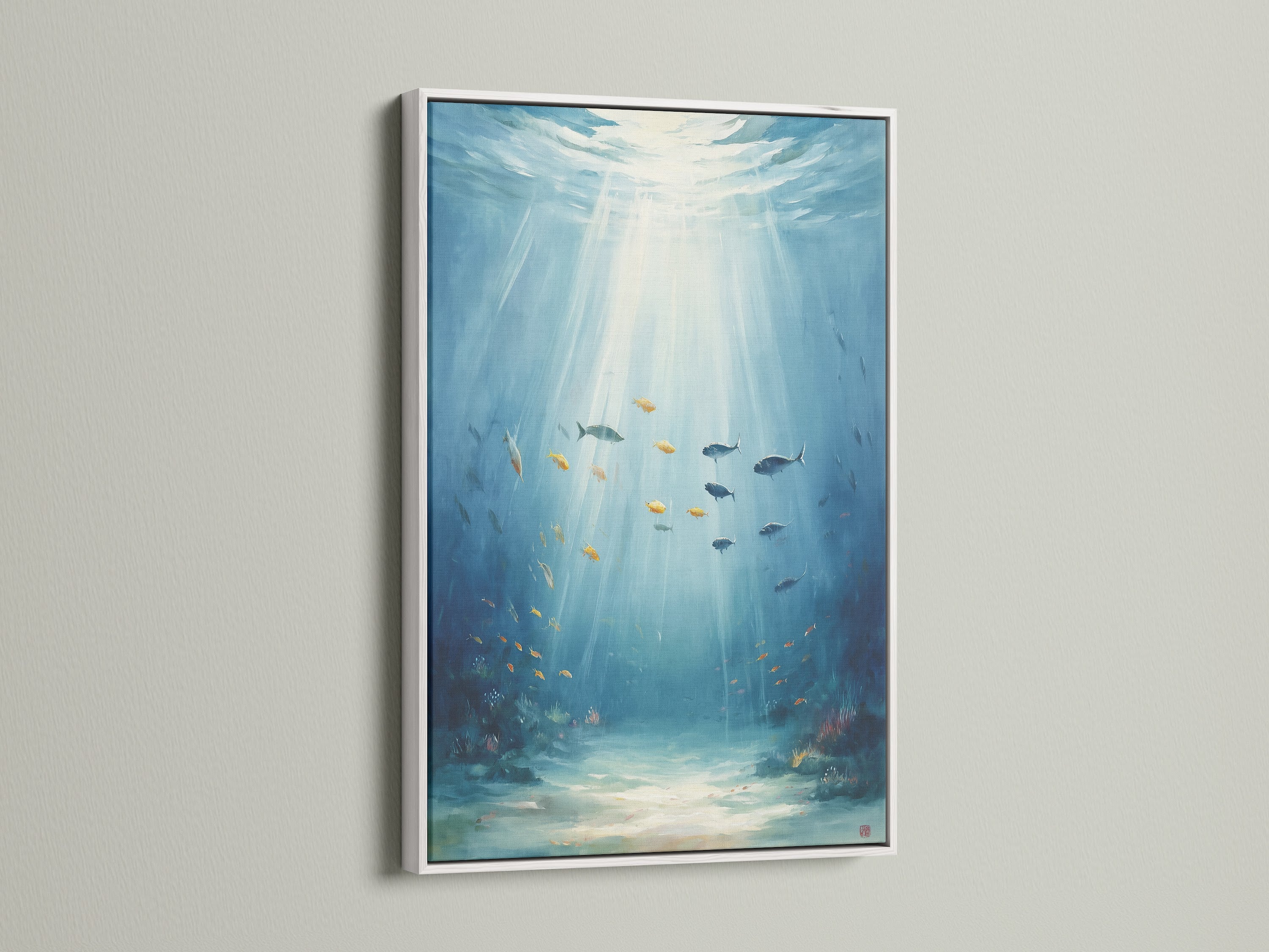 Underwater scene artwork with a white frame. This ocean canvas print brings the beauty of sea life to your walls. The fish painting features aqua blue tones. Ideal for coastal and bathroom wall decor.