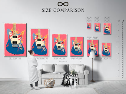 A size comparison chart is displayed in an interior setting. It helps visualize how the electric guitar artwork fits in a room. Choose the perfect size to enhance your music room or studio wall decor. Find the ideal dimensions for your space.