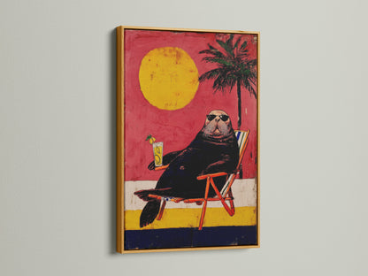 The Walrus Beach artwork is featured in a gold frame. A gold frame adds a touch of elegance. This artwork enhances the vintage poster art feel. Perfect for adding a playful element to your beach house decor. It's a summer art print.