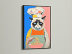 This chef cat artwork is framed in black. This kitchen wall art is a funny cat print. It is a colorful pop art canvas for the dining room. This elevated wall art fits eclectic and contemporary styles.