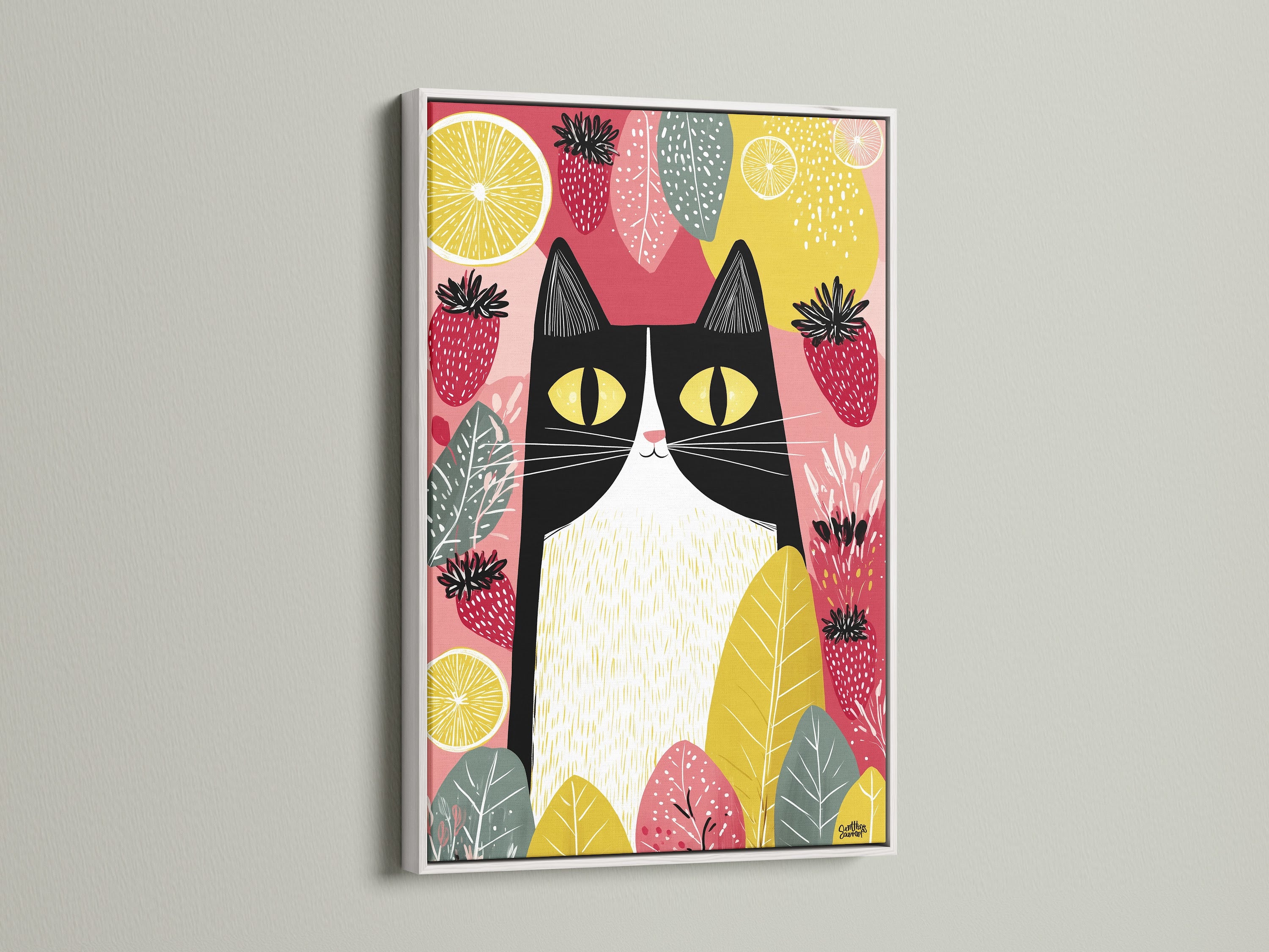 This folk art print of a cat is in a white frame. The artwork is vibrant with colorful kitchen wall art. It features a modern folk cat with fruit. This piece is perfect for dining room decor. It is a great gift for cat lovers. It is ideal for adding a touch of whimsy.