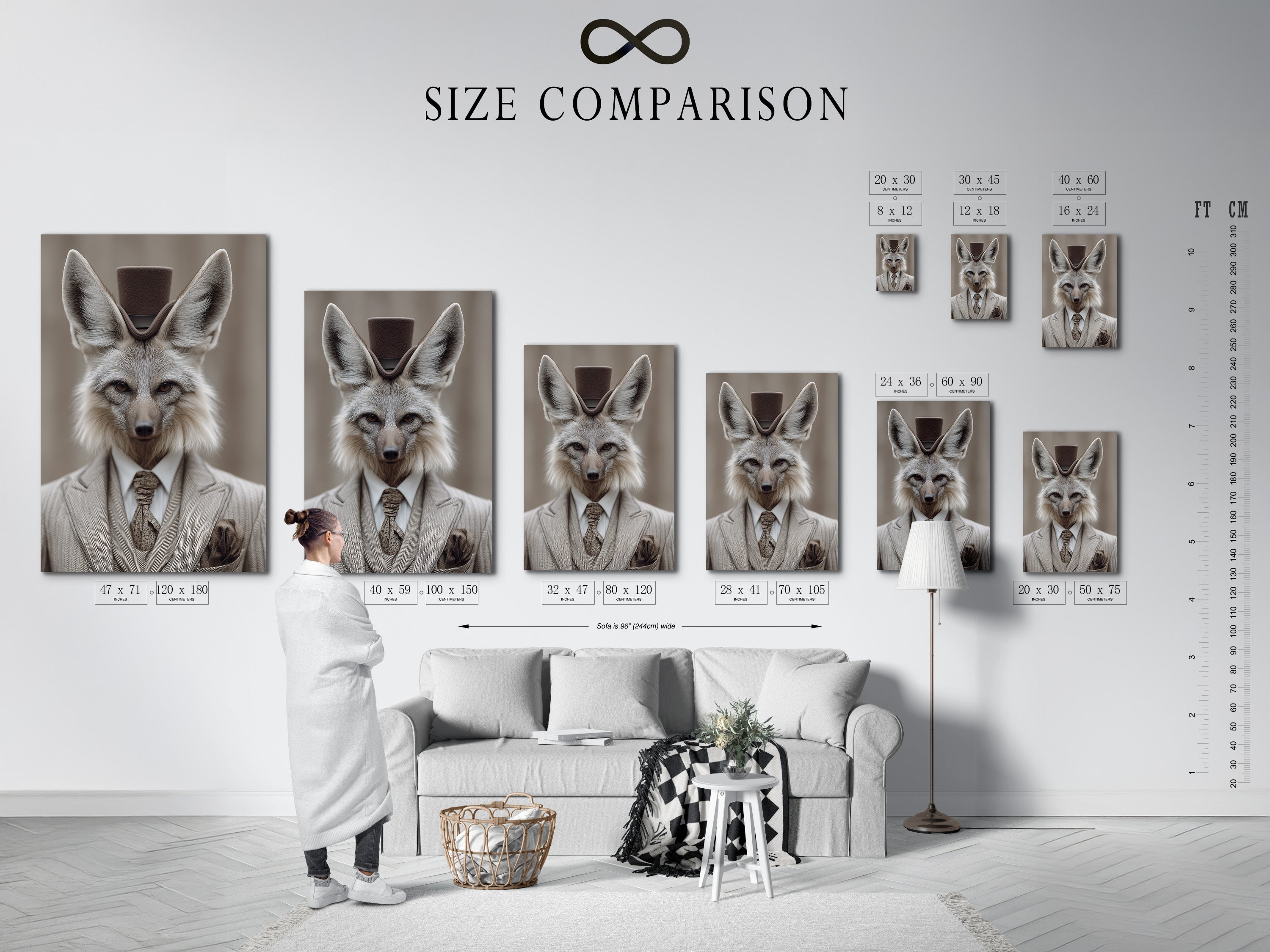A size comparison chart shows the Fox Gentleman artwork in an interior setting. This dapper animal print is perfect for adding a touch of Victorian style to any study room. The chart helps visualize the artwork's dimensions. It is ideal for professionals academics and those with a fondness for unique vintage-inspired decor.