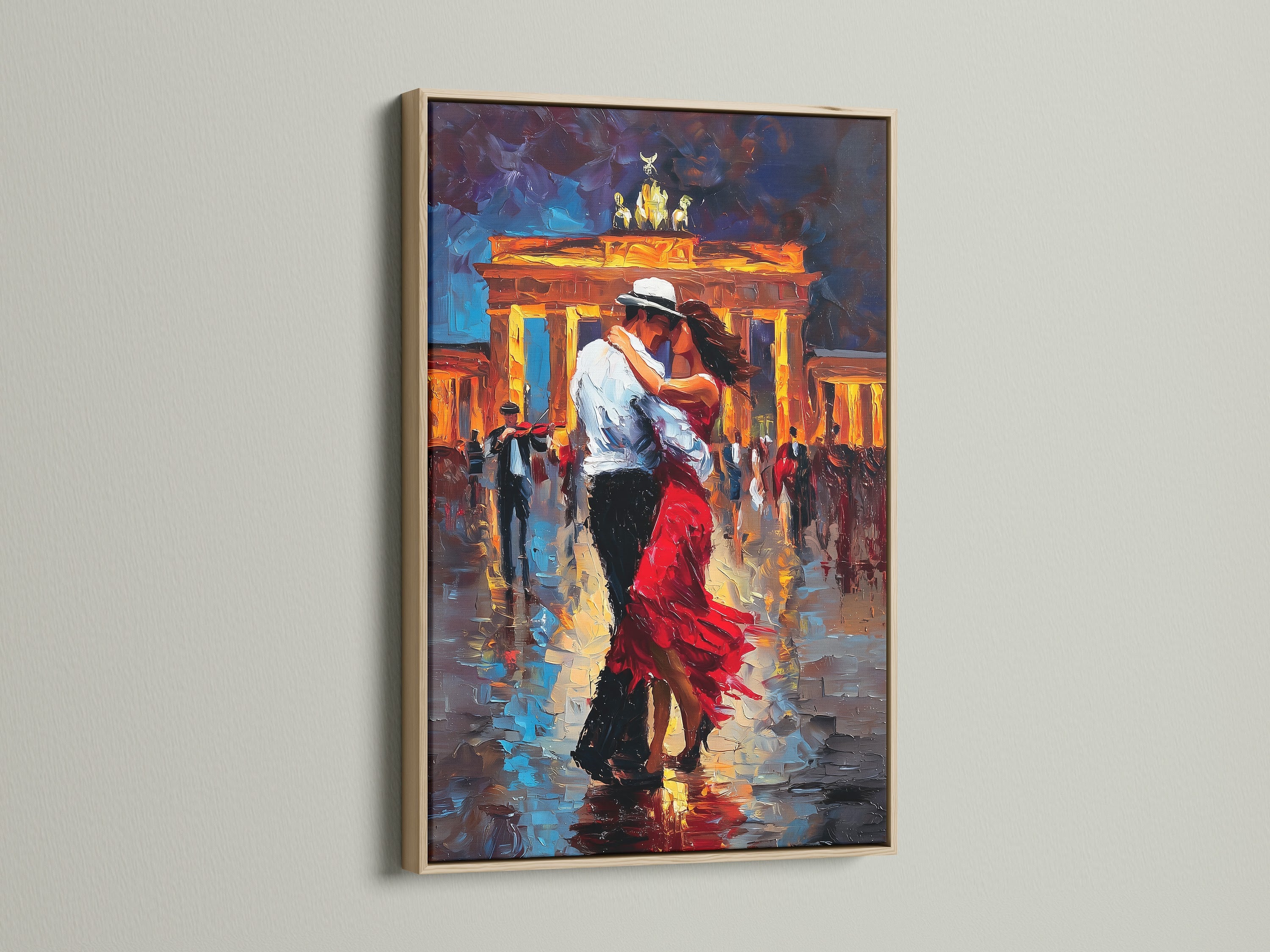 Oak frame. The artwork features a couple gracefully dancing against a vibrant cityscape. The oak frame option adds a rustic and timeless touch to the artwork. The natural wood grain complements the colors and textures of the piece. It creates a harmonious and inviting atmosphere.