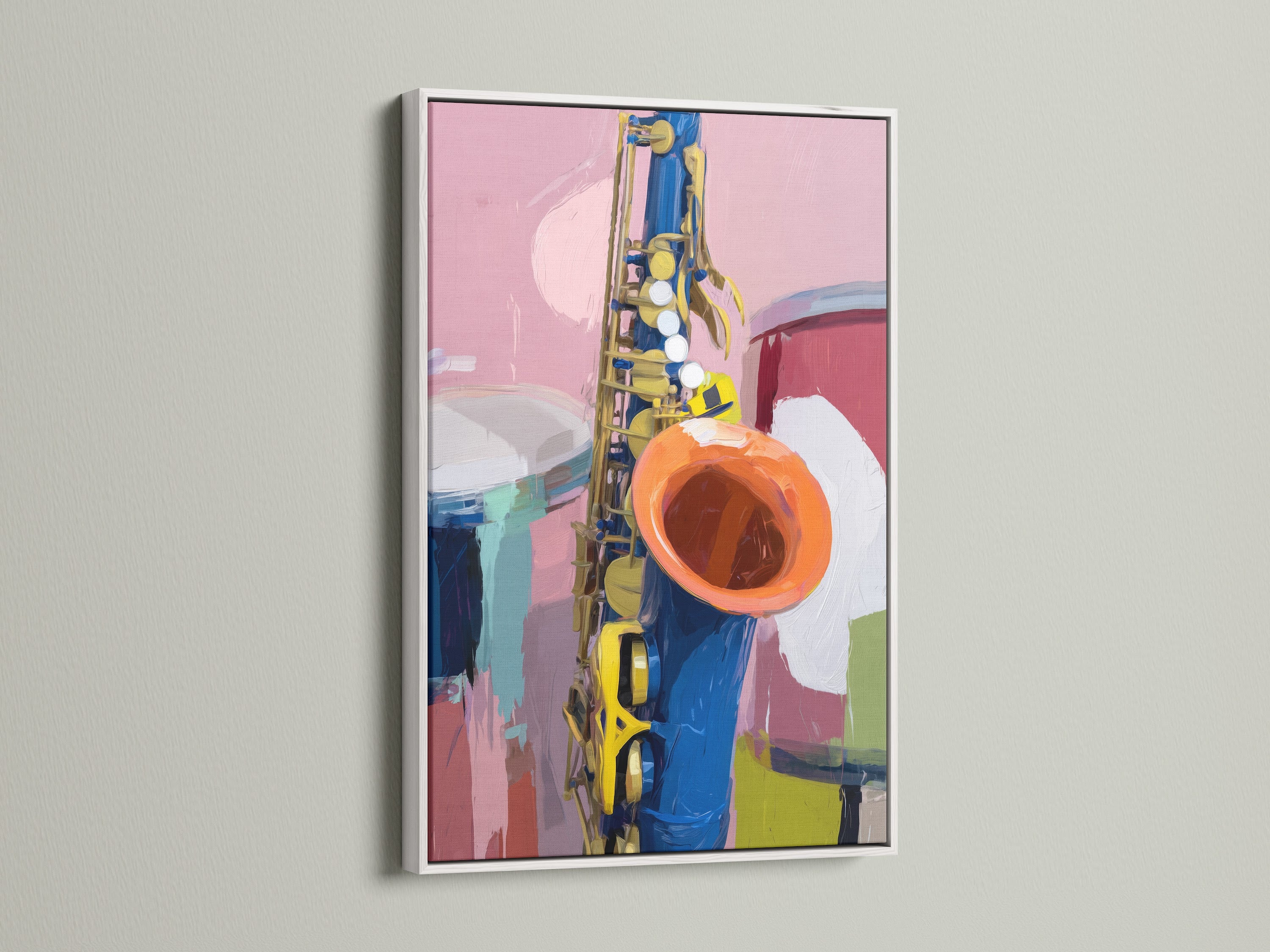 The saxophone artwork is set in a clean white frame. The colorful music wall art is a modern piece for studio decor. This musical instrument is a poster perfect for jazz lovers. This contemporary art piece will add a modern touch to any space. It is great for music room wall art.