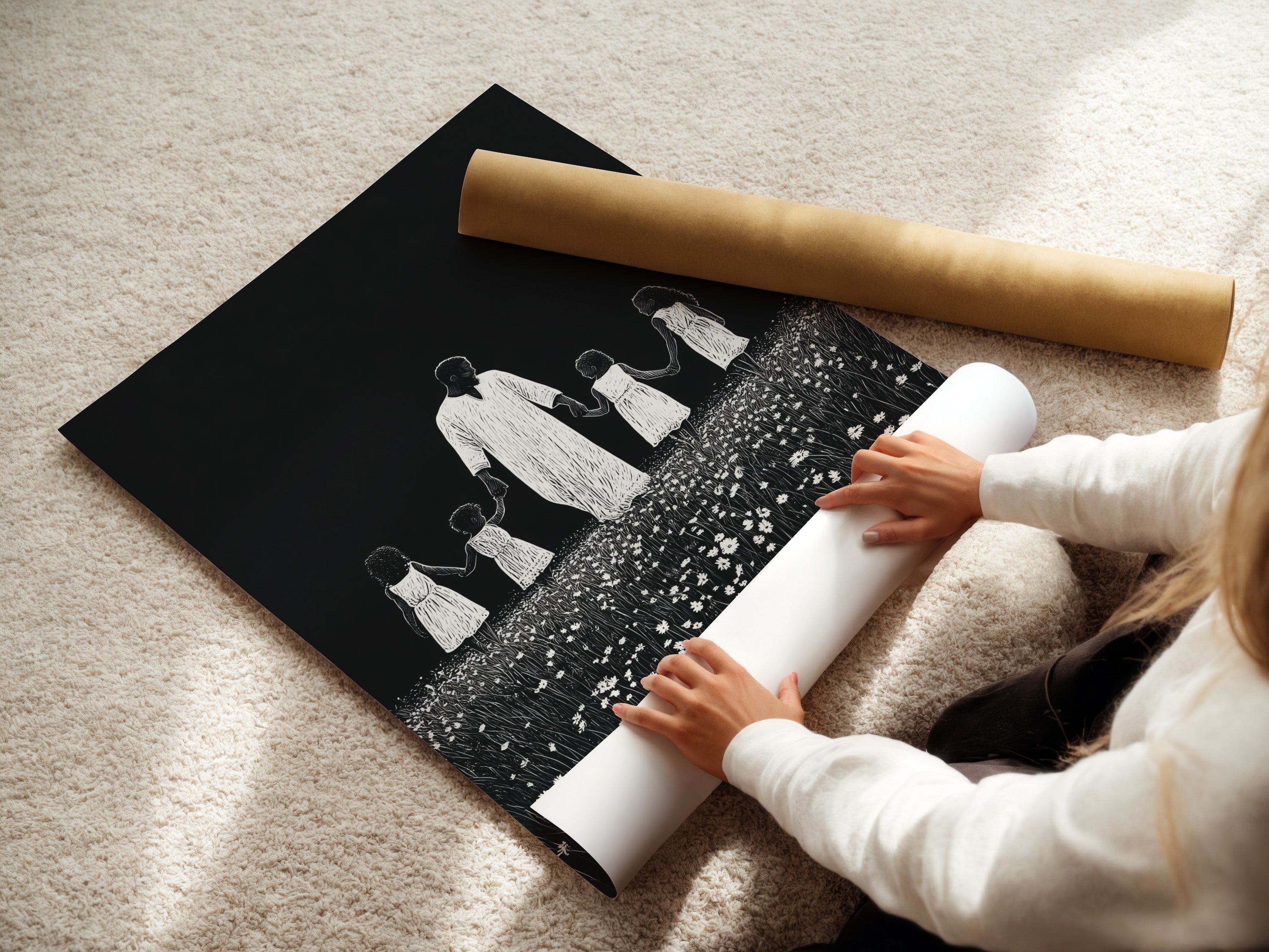 A woman carefully rolling a fine art poster paper. The poster paper features a symbolic depiction. It shows a man holding hands with children in a field of flowers. The fine art poster paper ensures high-quality prints. Perfect for art enthusiasts.