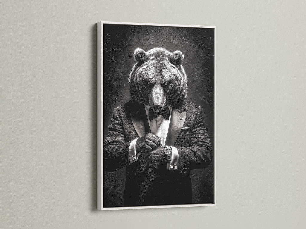 An artwork featuring a bear in a tuxedo is beautifully showcased in a white frame. The art is displayed against a clean white backdrop. A white frame offers a fresh and modern look. It brightens up any room. Explore our selection of white framed art to add a touch of elegance to your home.