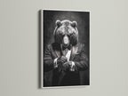 An artwork featuring a bear in a tuxedo is beautifully showcased in a white frame. The art is displayed against a clean white backdrop. A white frame offers a fresh and modern look. It brightens up any room. Explore our selection of white framed art to add a touch of elegance to your home.